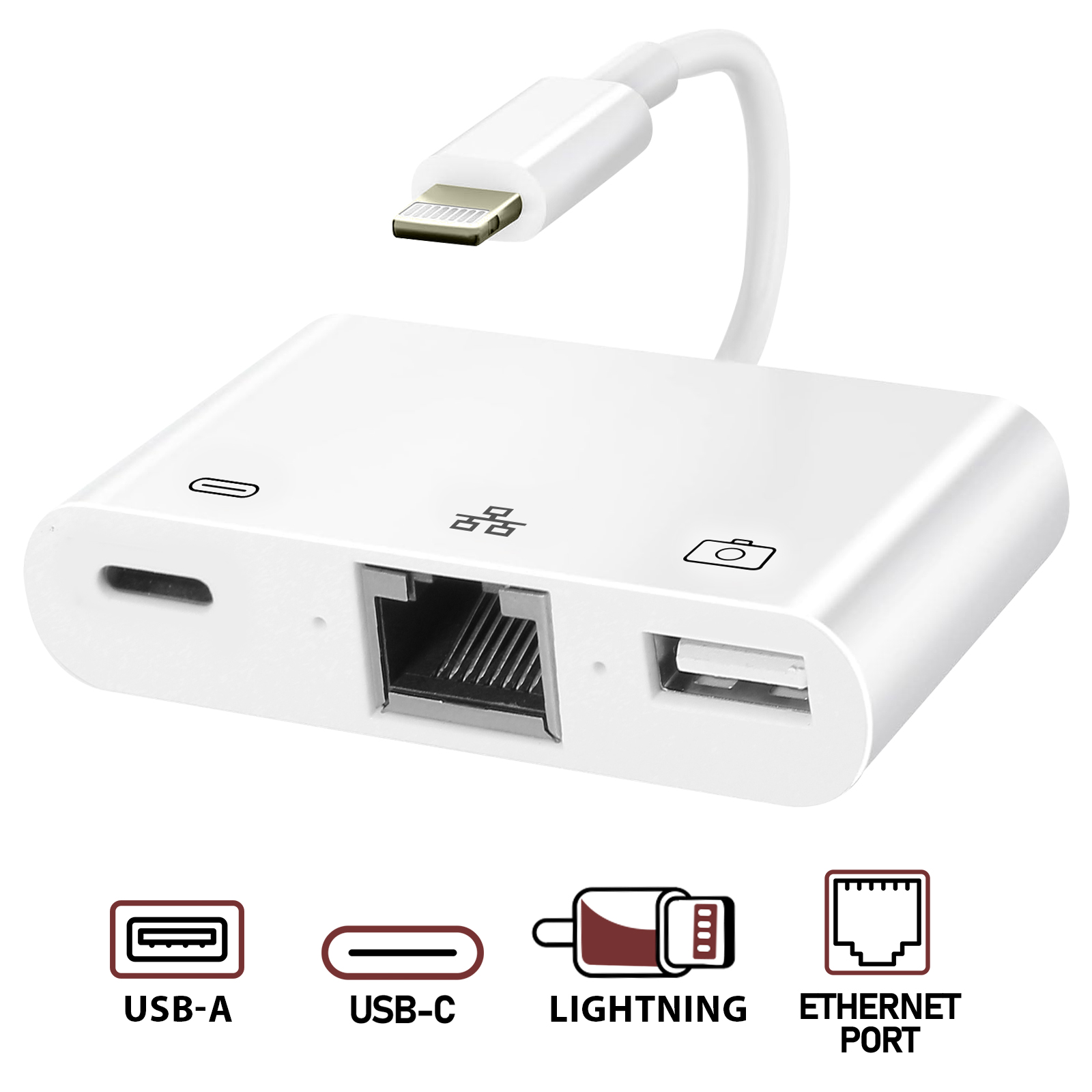 Adaptateur iPhone Lightning 3-en-1 vers USB / Ethernet / USB C - Blanc -  Français
