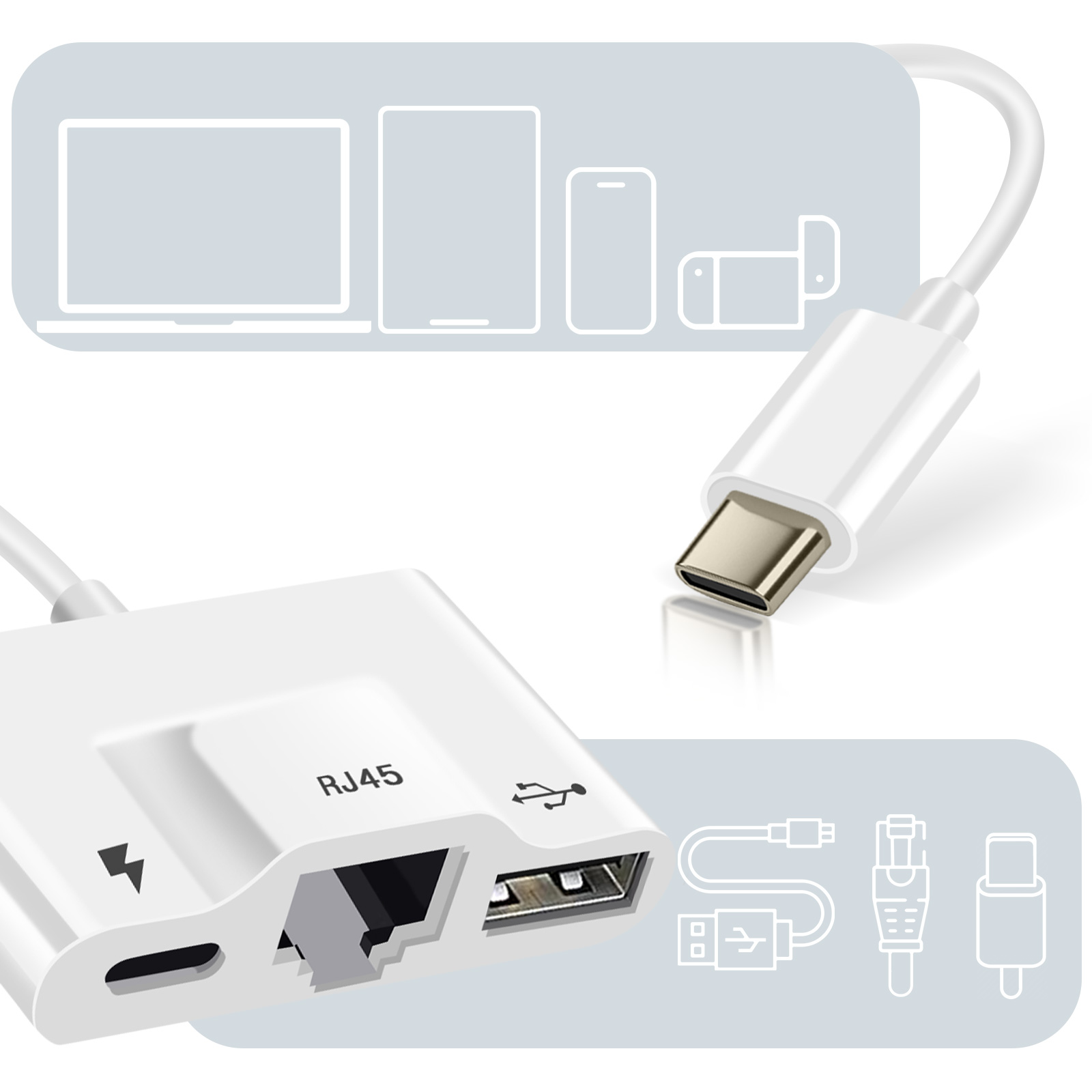 Avizar Adaptateur Lightning vers Ethernet et USB et USB C Design Compact  Plug and Play Blanc - Câble & Adaptateur - LDLC