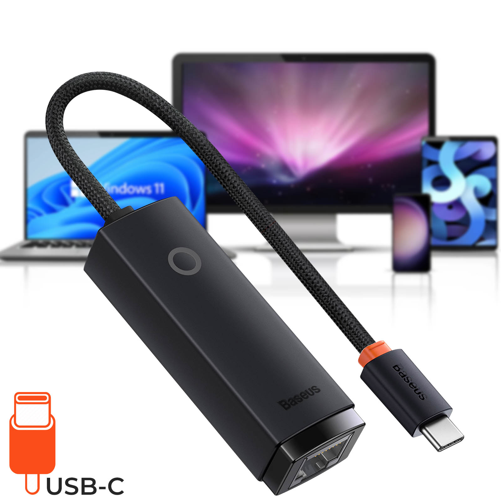 Adaptateur USB-C vers Ethernet RJ45, 1000 Mbps, Baseus - Noir