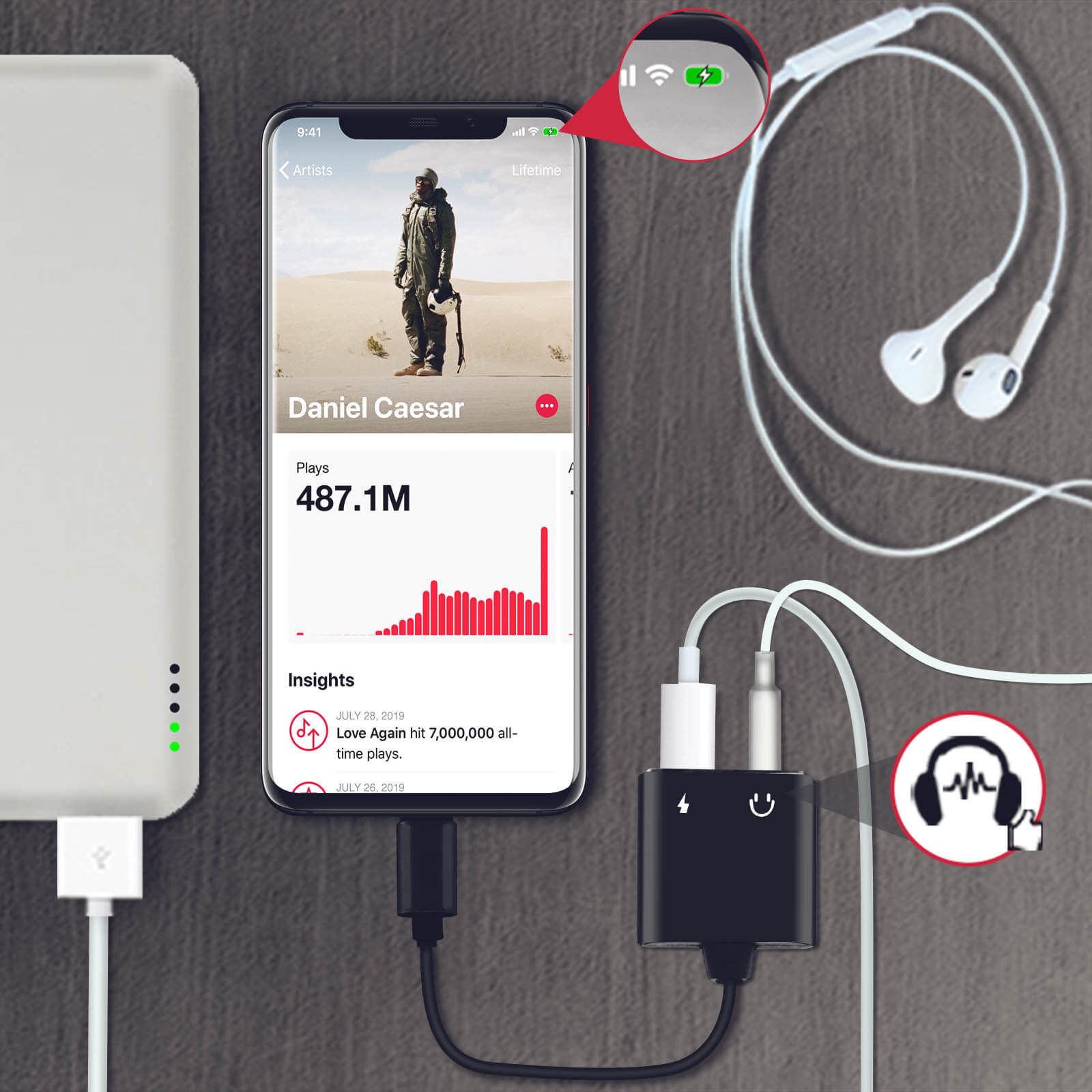 Adaptateur Audio et Charge iPhone Lightning vers Jack 3.5mm et Lightning,  HL-096 - Noir - Français