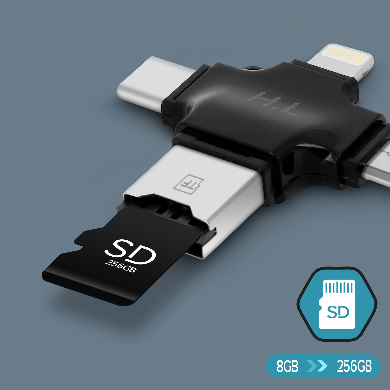 Lecteur de Carte Micro-SD 4 en 1 USB-C / Lightning / Micro-USB