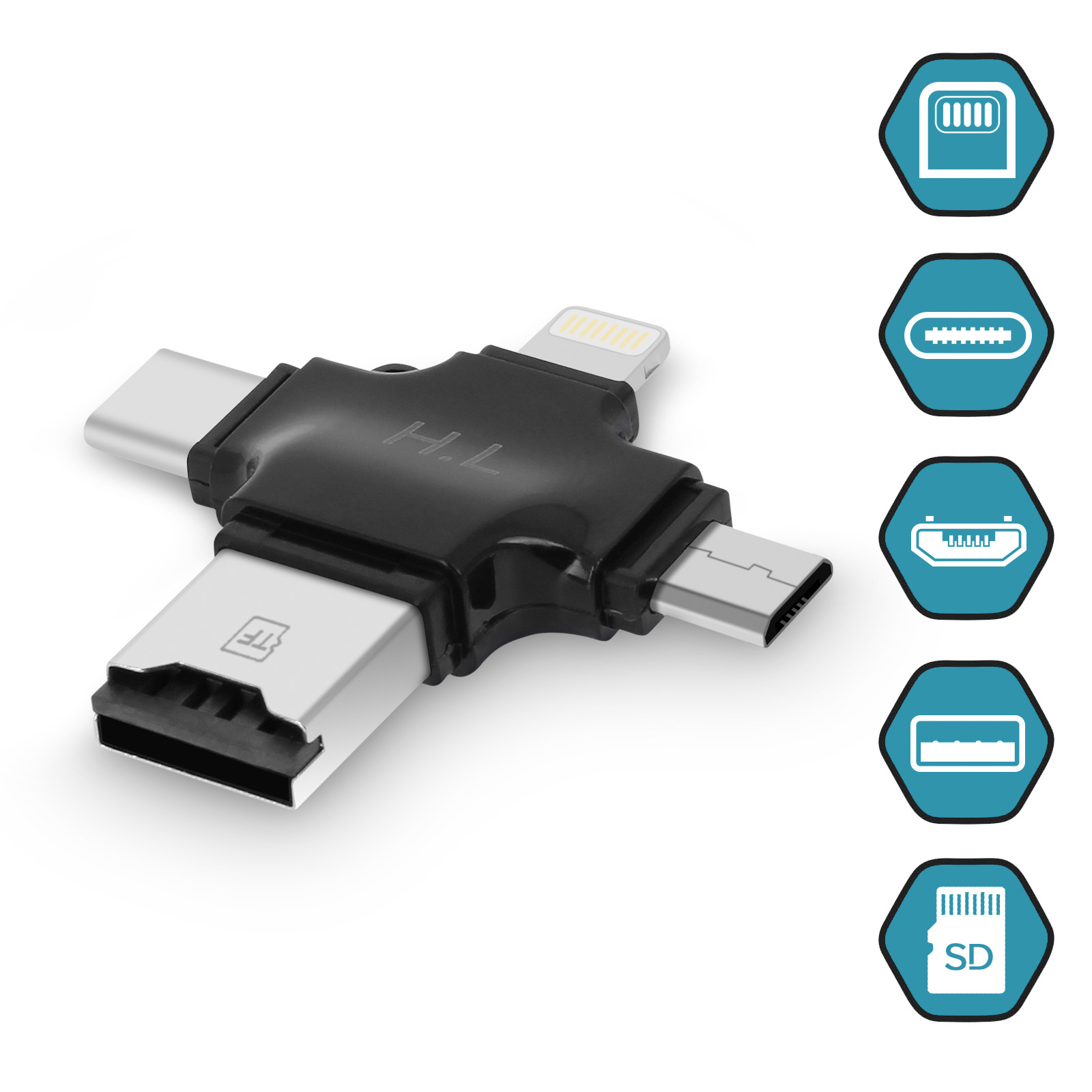 Lecteur de Carte Micro-SD 4 en 1 USB-C / Lightning / Micro-USB