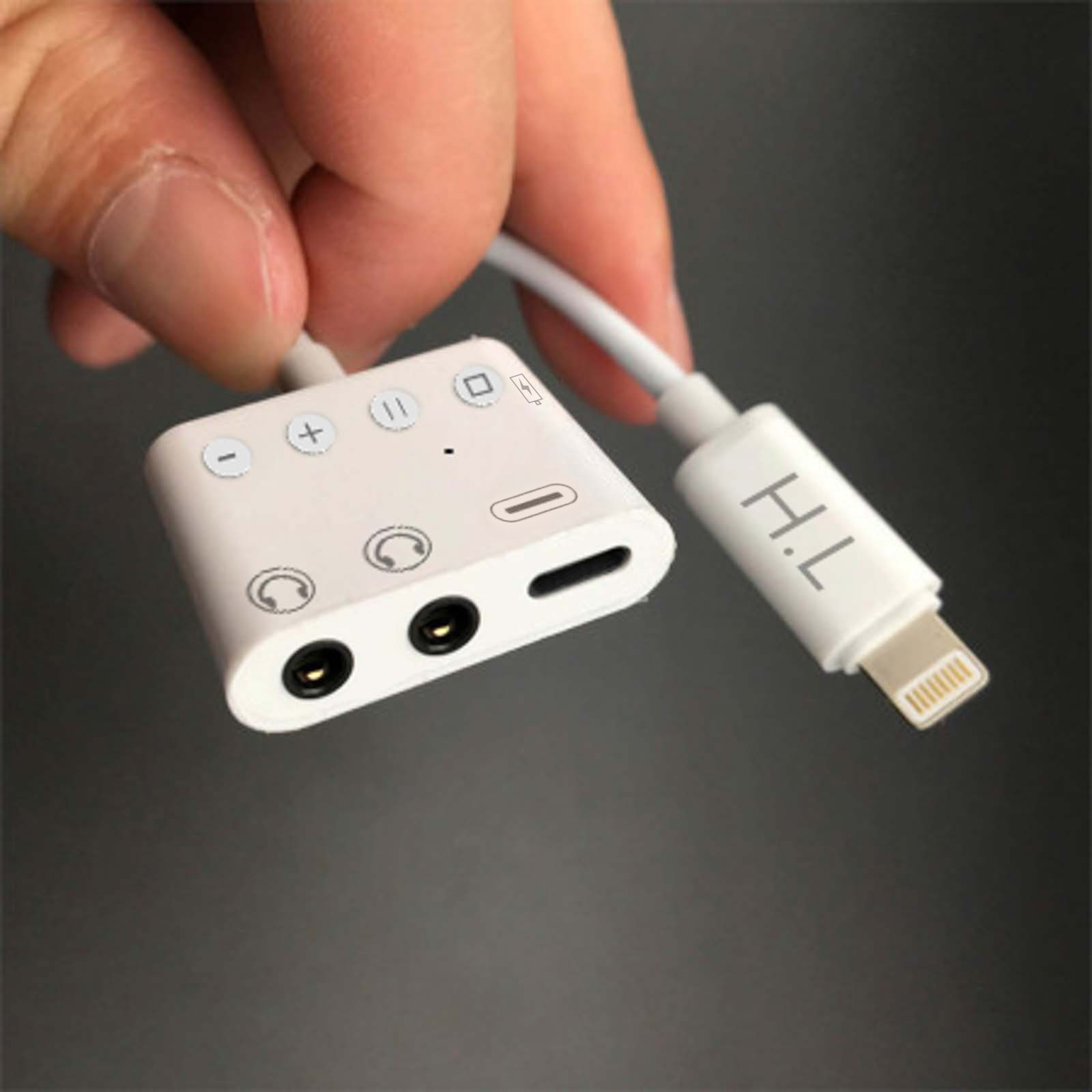 Adaptateur Audio et Charge Lightning 4 en 1 vers Double Jack 3.5mm /  Lightning / USB-C 12cm, Splitter + Boutons de Contrôle, HL-108 - Blanc -  Français