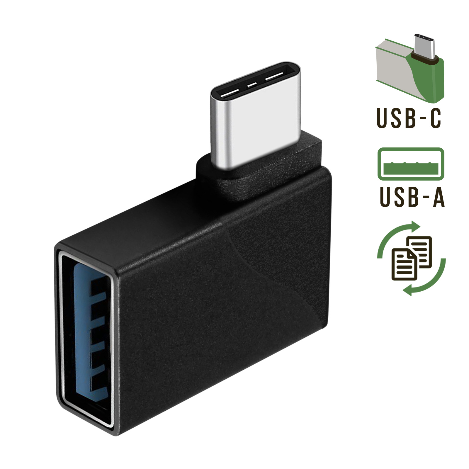 Adaptateur USB 3,0 vers USB-C Coudé avec Charge + Synchro - Noir