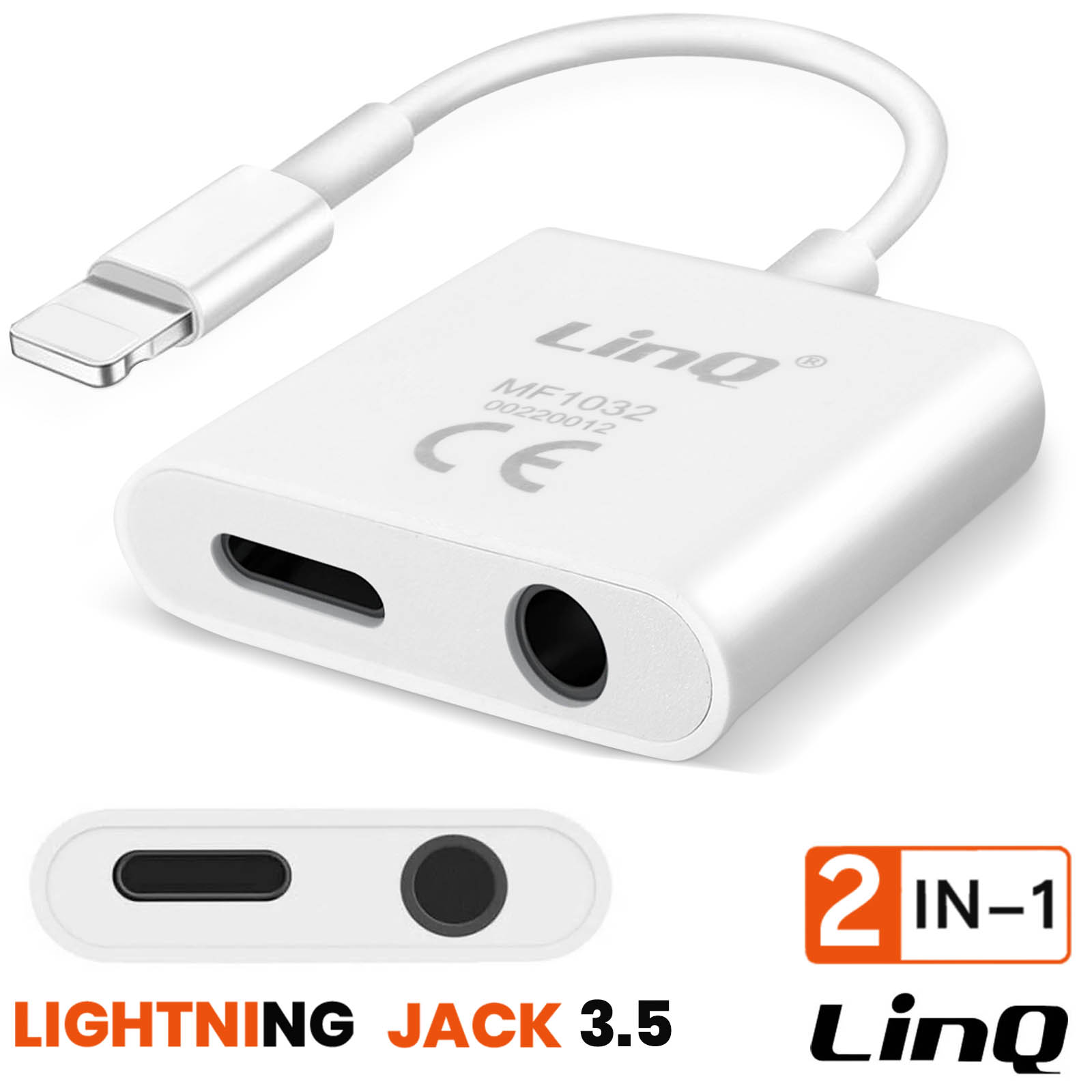 Adaptateur iPhone 2 en 1 Lightning vers Jack 3.5mm Audio + Lightning Charge  Plug and Play, LinQ - Blanc
