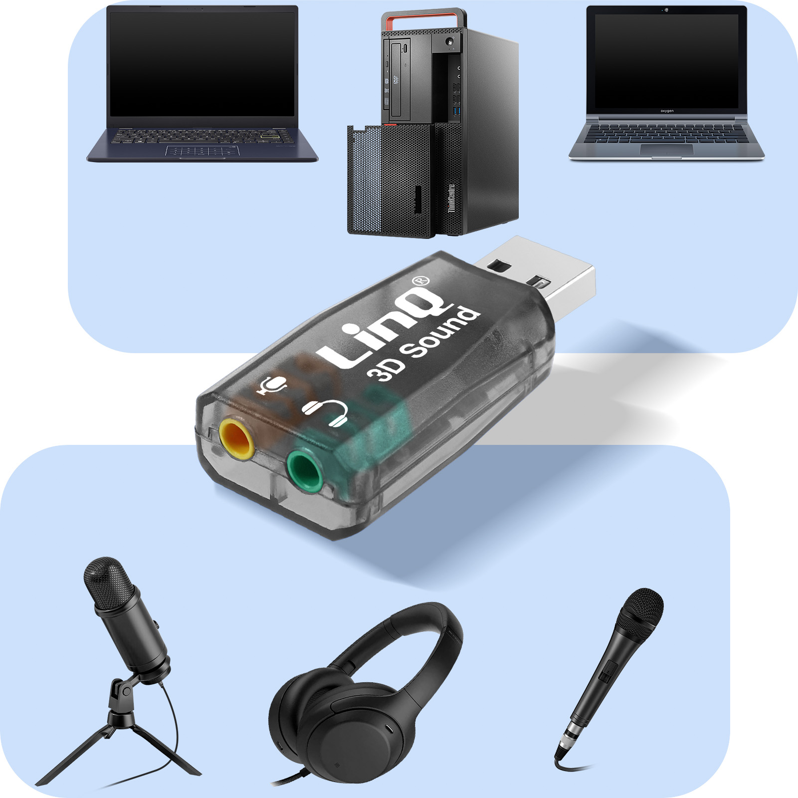 Carte Son Externe USB vers 2x Jack 3.5mm, Audio + Microphone, LinQ