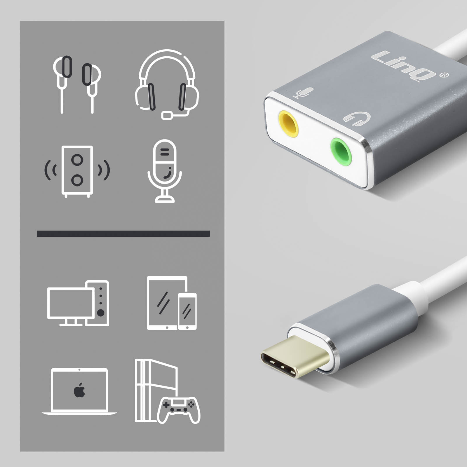 Adaptateur Audio USB-C vers Double Jack 3.5mm Femelle (Casque + Micro),  LinQ - Blanc / gris - Français