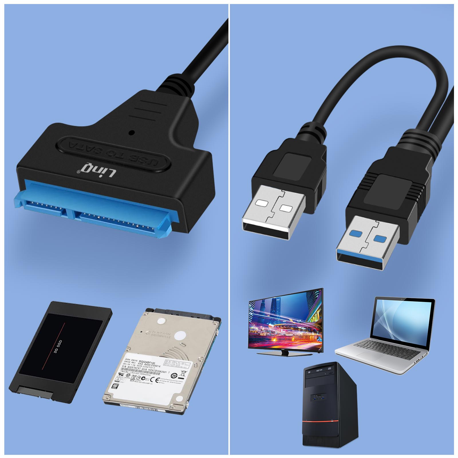 Adaptateur Sata Vers Usb 3.0 2.5 Pour Disque Dur HDD SSD Cable Converter  Bleu