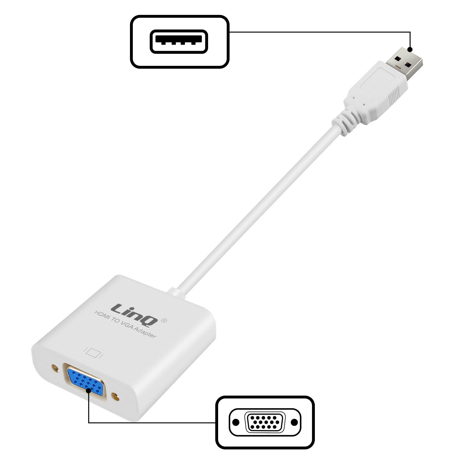 Câble/Adaptateur USB 3.0 Mâle vers VGA Femelle, by LinQ - Blanc