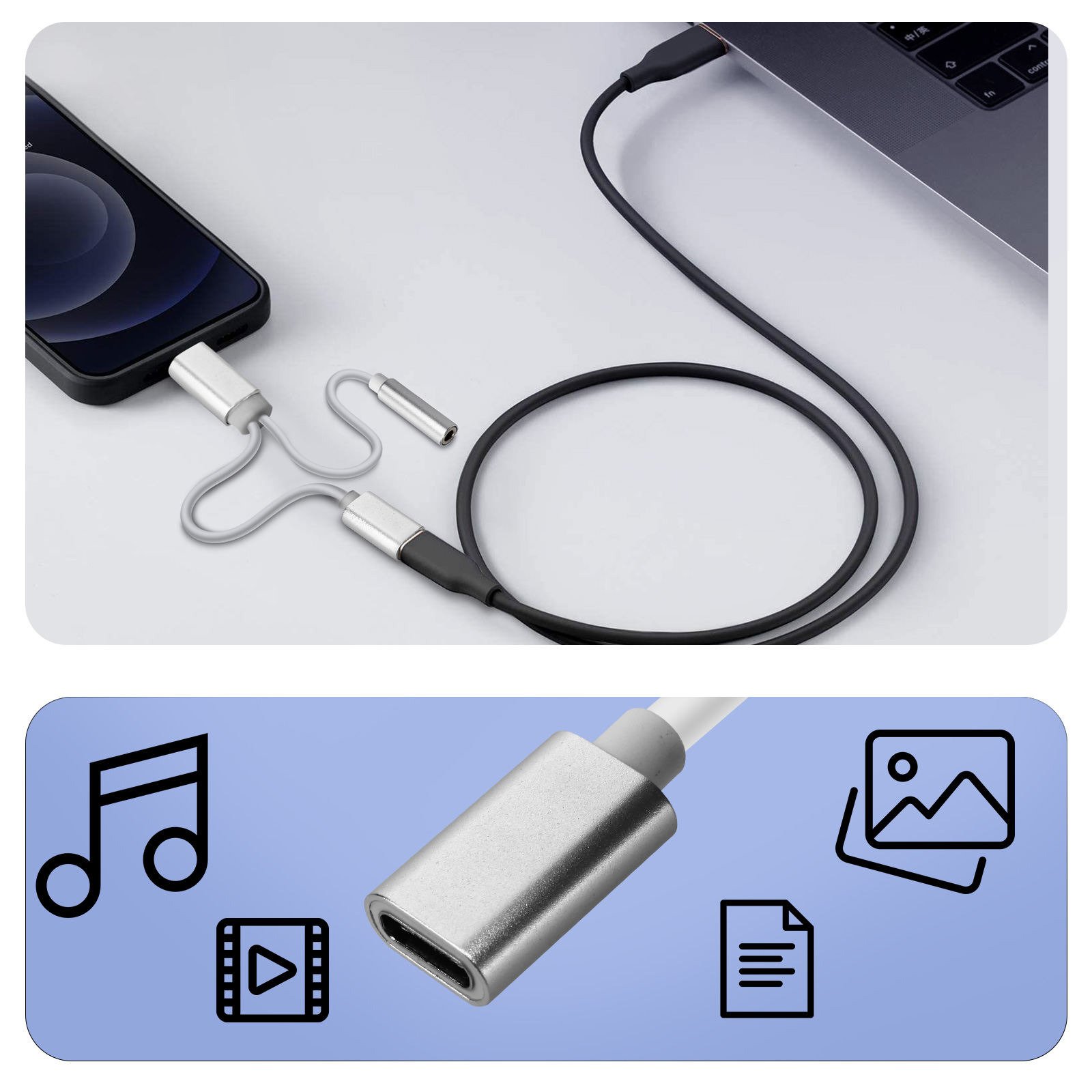 Adaptateur USB-C 2en1 vers USB-C Charge et Audio 3.5mm, Max Excell - Blanc  - Français