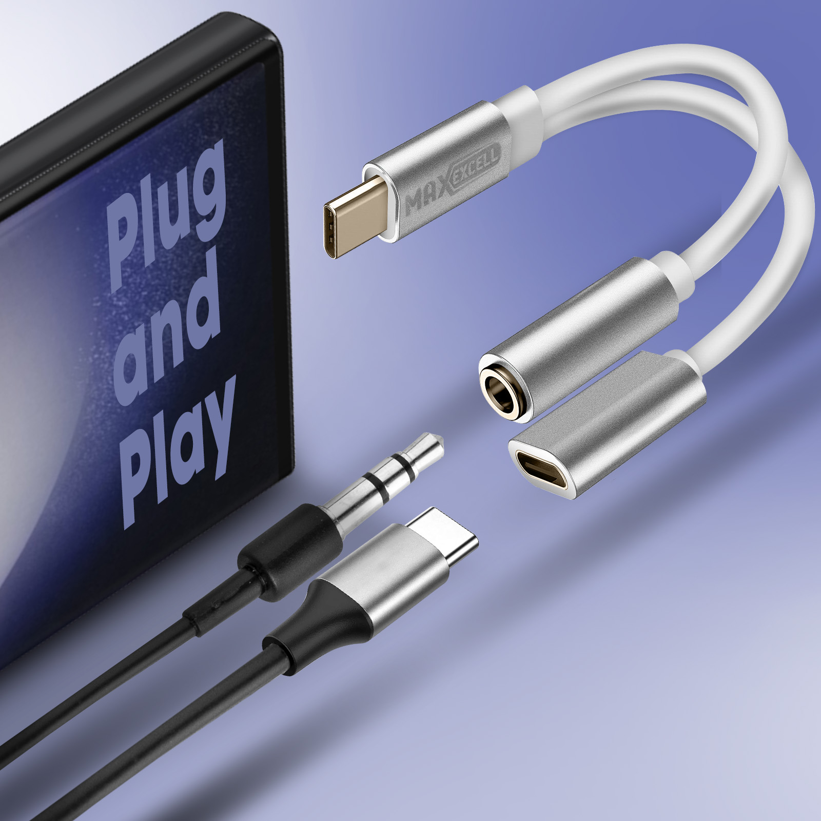 Adaptateur USB-C 2en1 vers USB-C Charge et Audio 3.5mm, Max Excell - Blanc  - Français