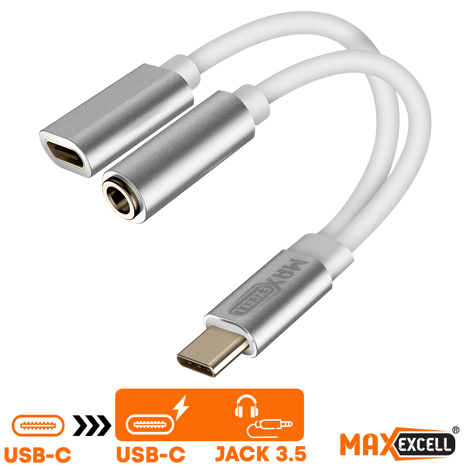 Adaptateur USB-C 2en1 vers USB-C Charge et Audio 3.5mm, Max Excell - Blanc