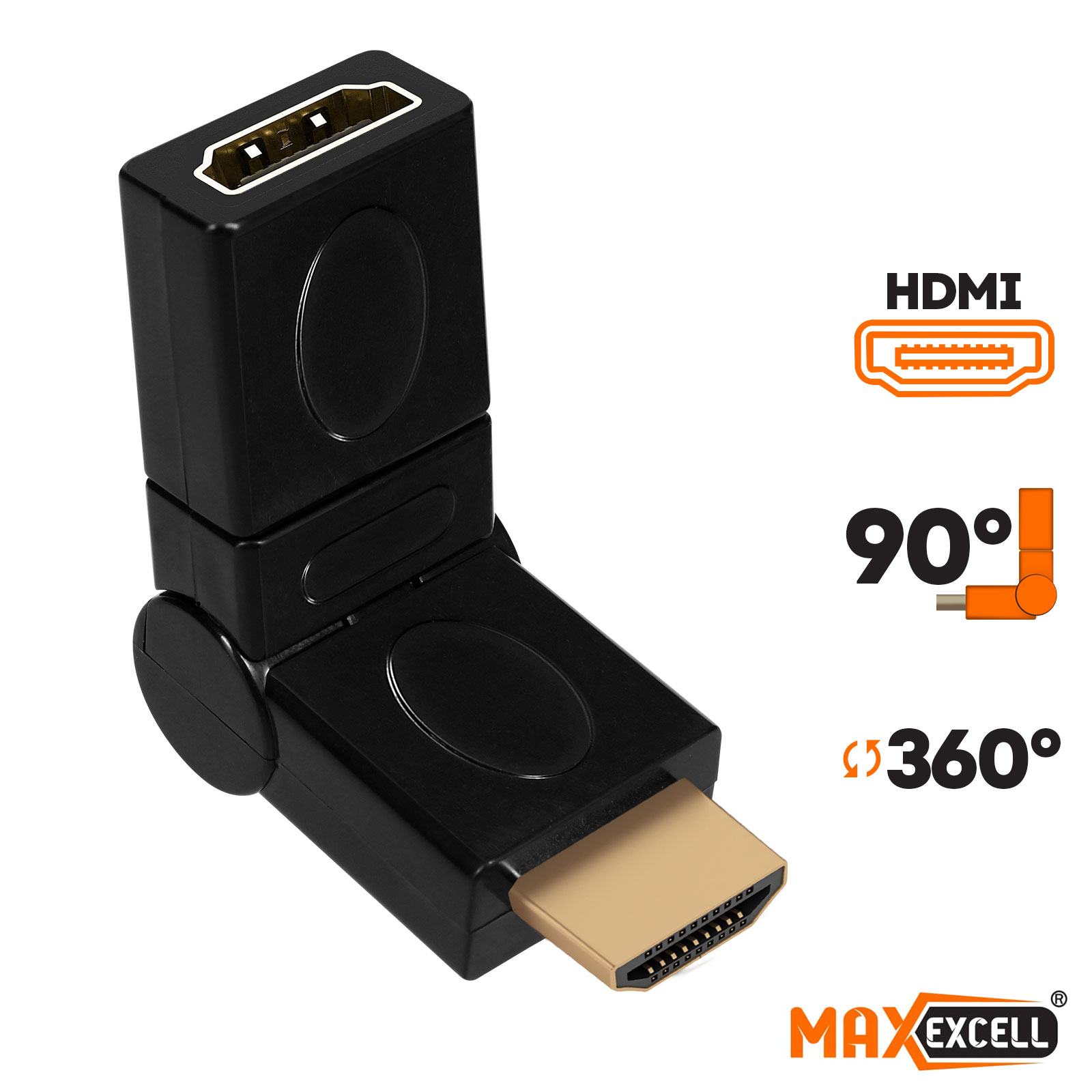 Adaptateur HDMI Mâle vers HDMI Femelle, Coudé et Rotatif 360°, Max excell -  Noir - Français