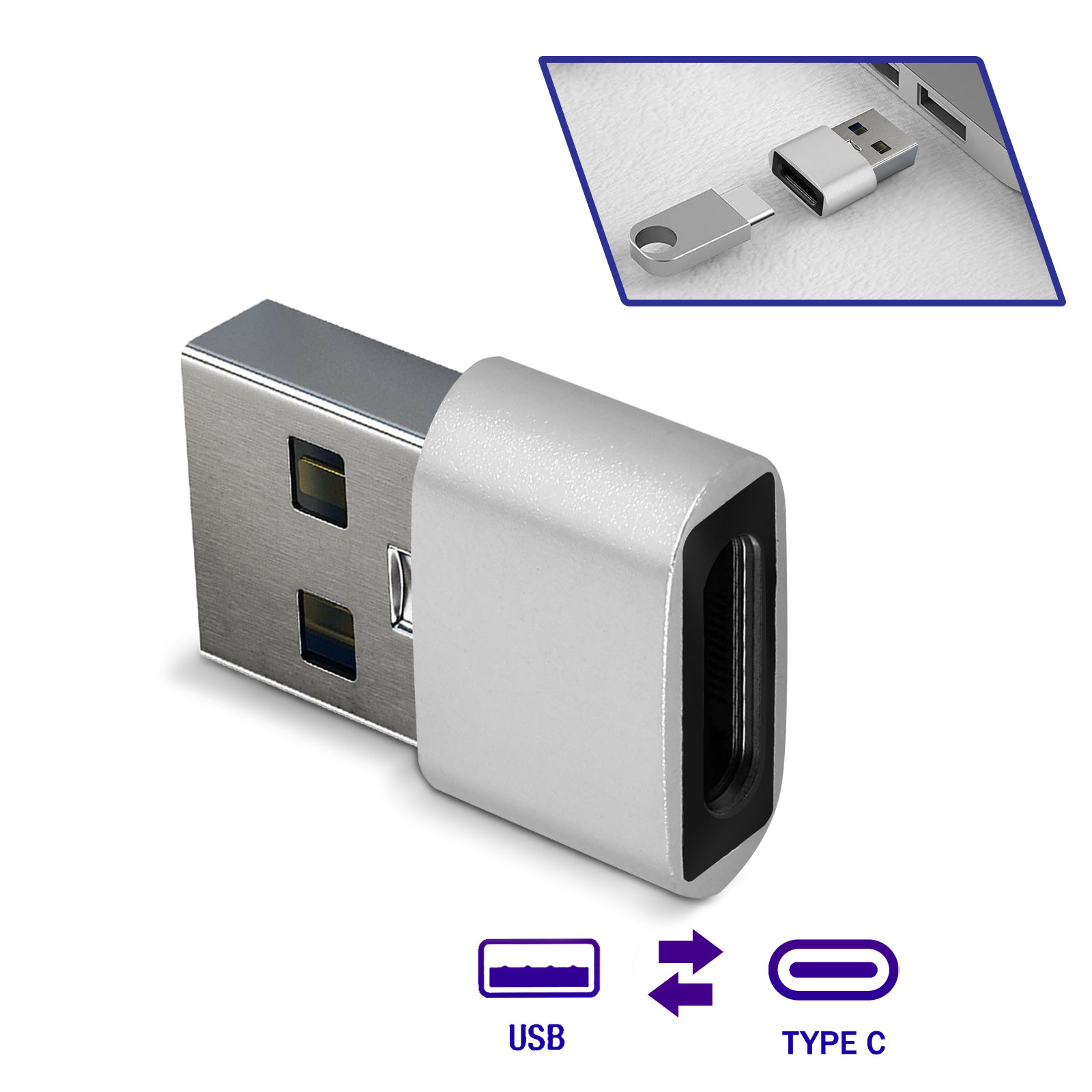 USB / USB-C Adapter fürs Laden und Synchronisieren von Daten – Silber -  German
