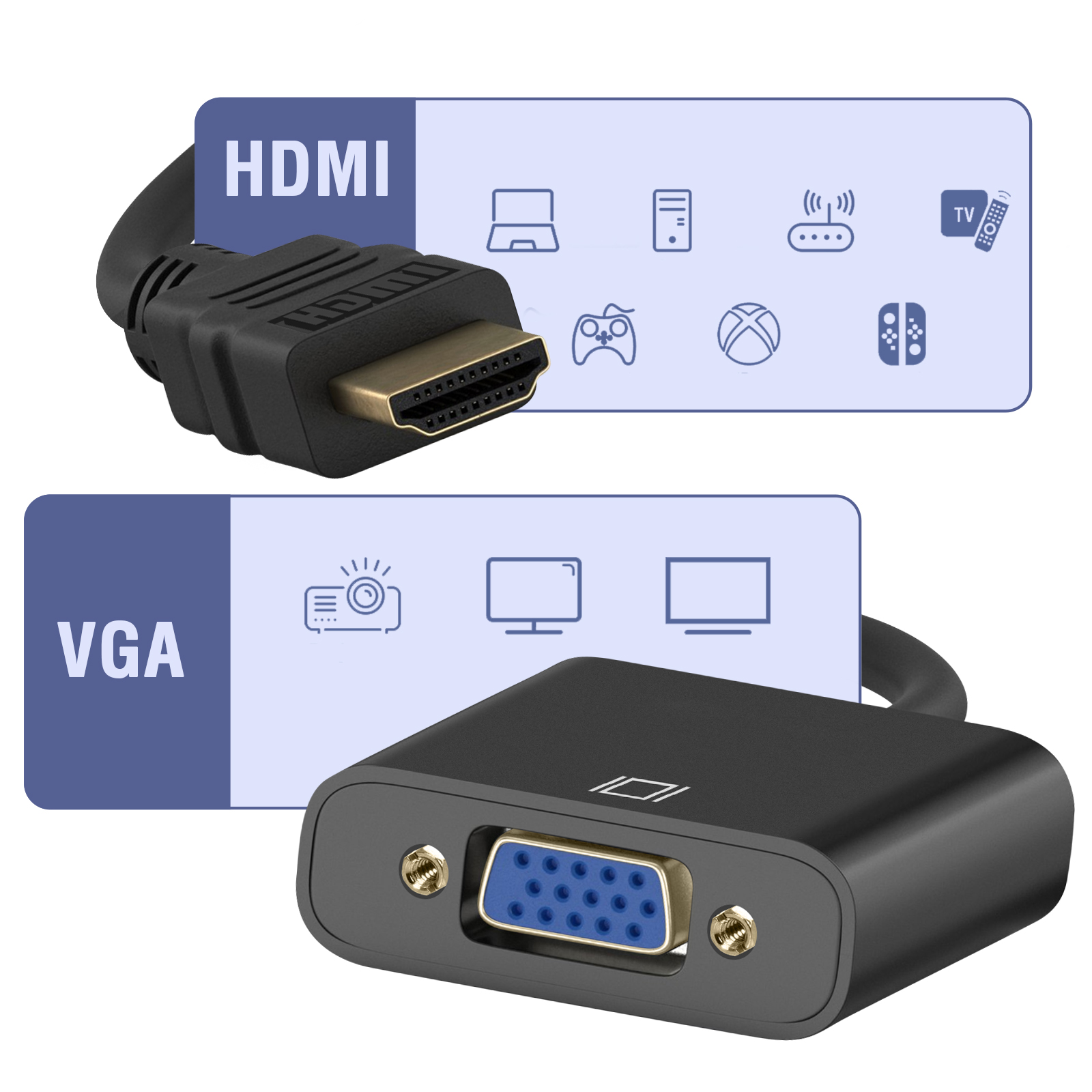 Adaptateur HDMI/VGA AVIZAR HDMI Mâle vers VGA Femelle, 20cm Noir