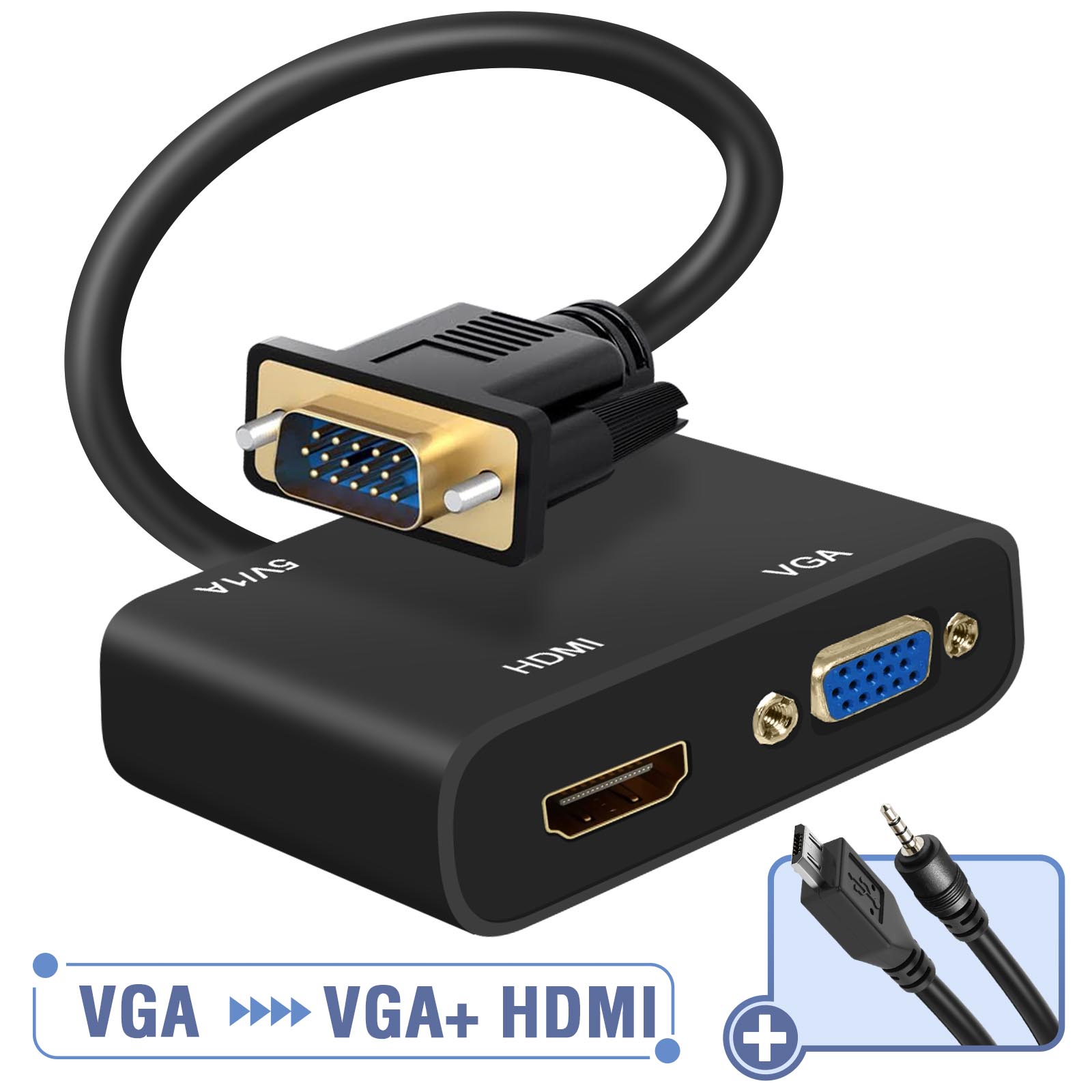 Adaptateur HDMI mâle vers HDMI et VGA Femelles + Entrée Audio et