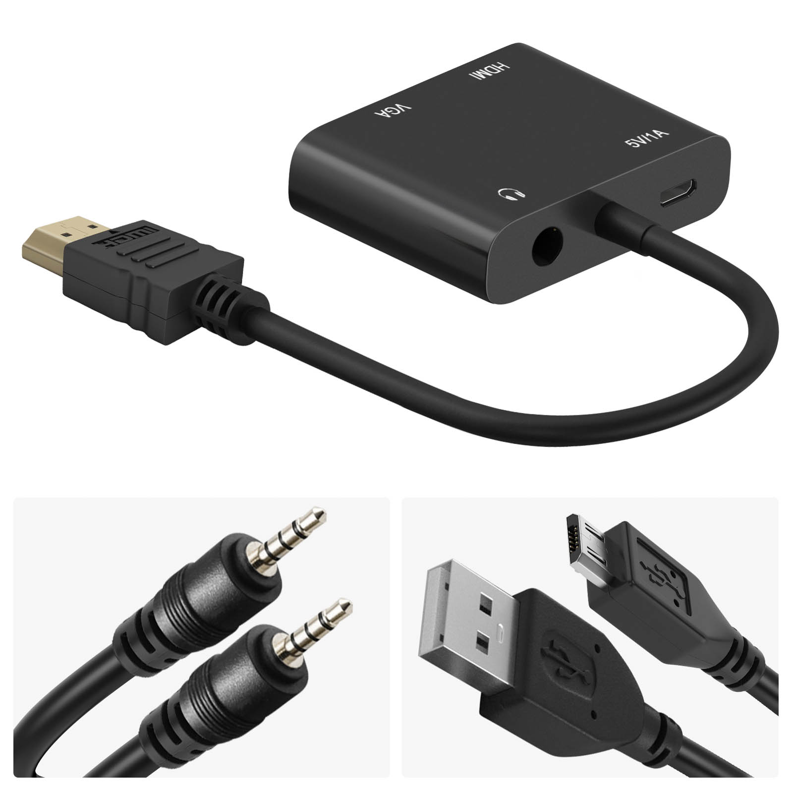 Adaptateur HDMI mâle vers HDMI et VGA Femelles + Entrée Audio et Charge,  Noir - Français