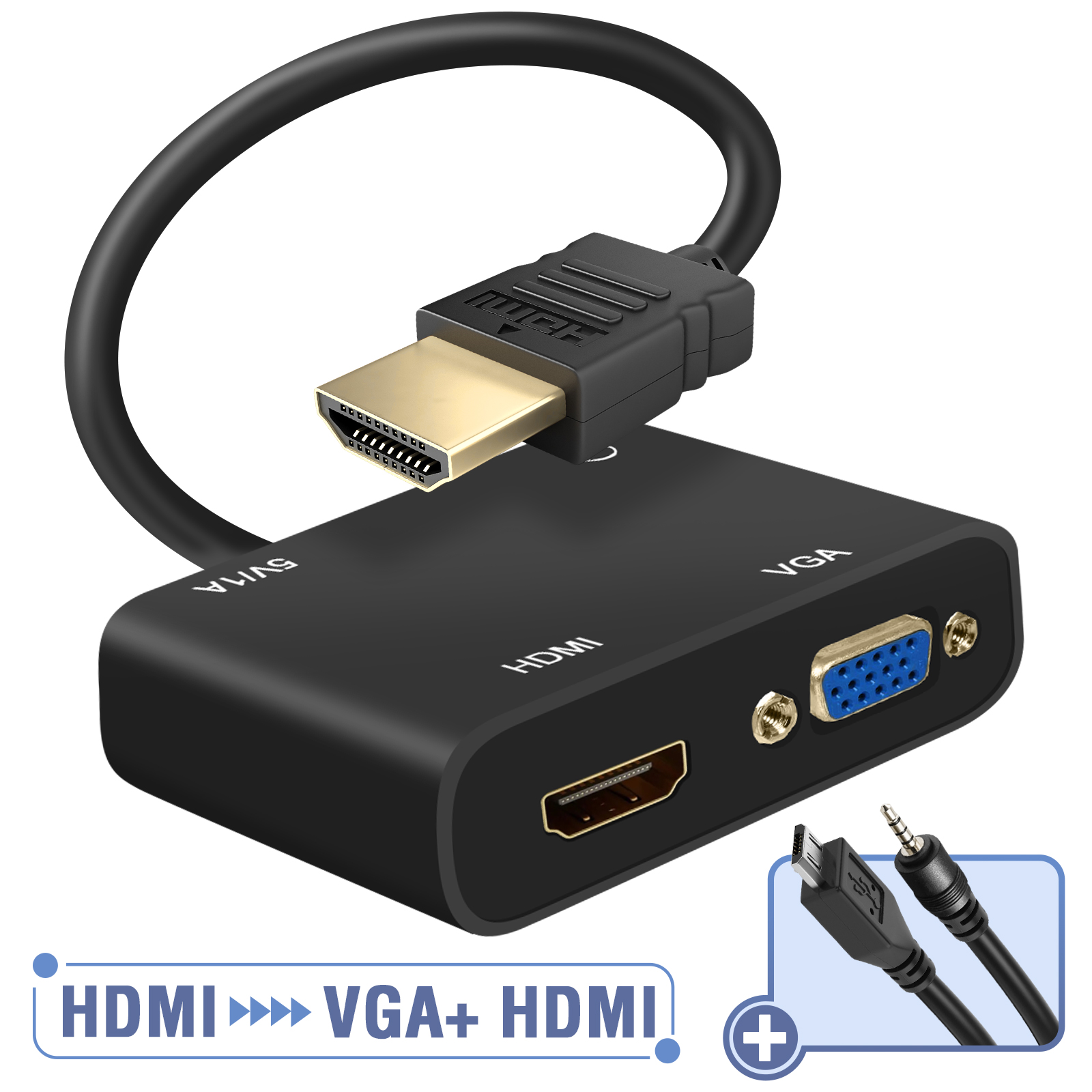 Adaptateur HDMI vers VGA avec port audio auxiliaire 3,5 mm (convertisseur  HDMI vers VGA) en noir 