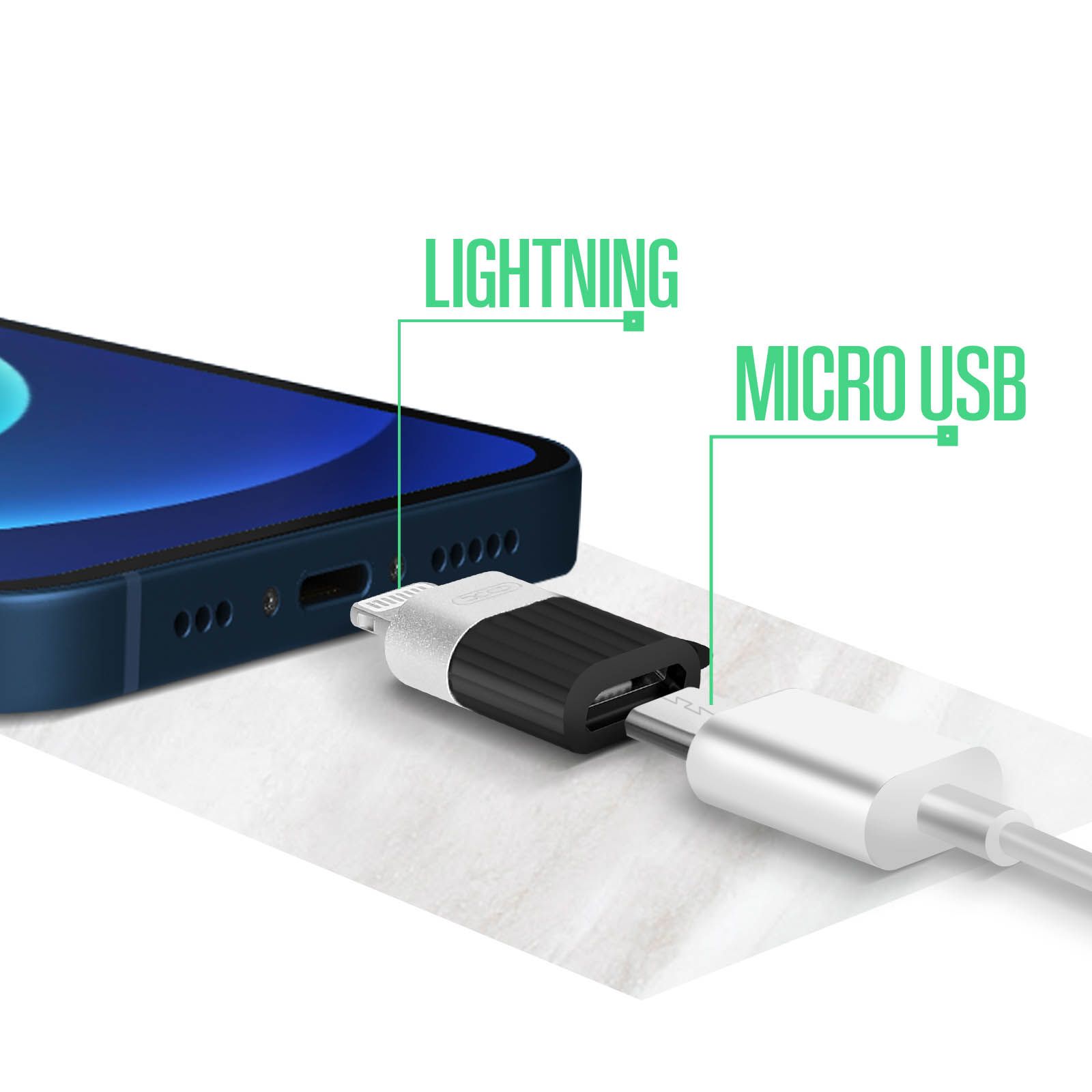 Adaptateur Micro-USB femelle vers Lightning mâle, Charge & Synchronisation,  XO - Noir - Français