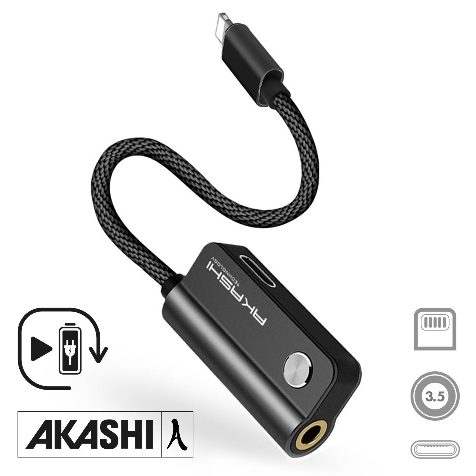 Akashi Adaptador Lightning a Jack 3.5 mm + Lightning - Cable y Adaptador -  LDLC