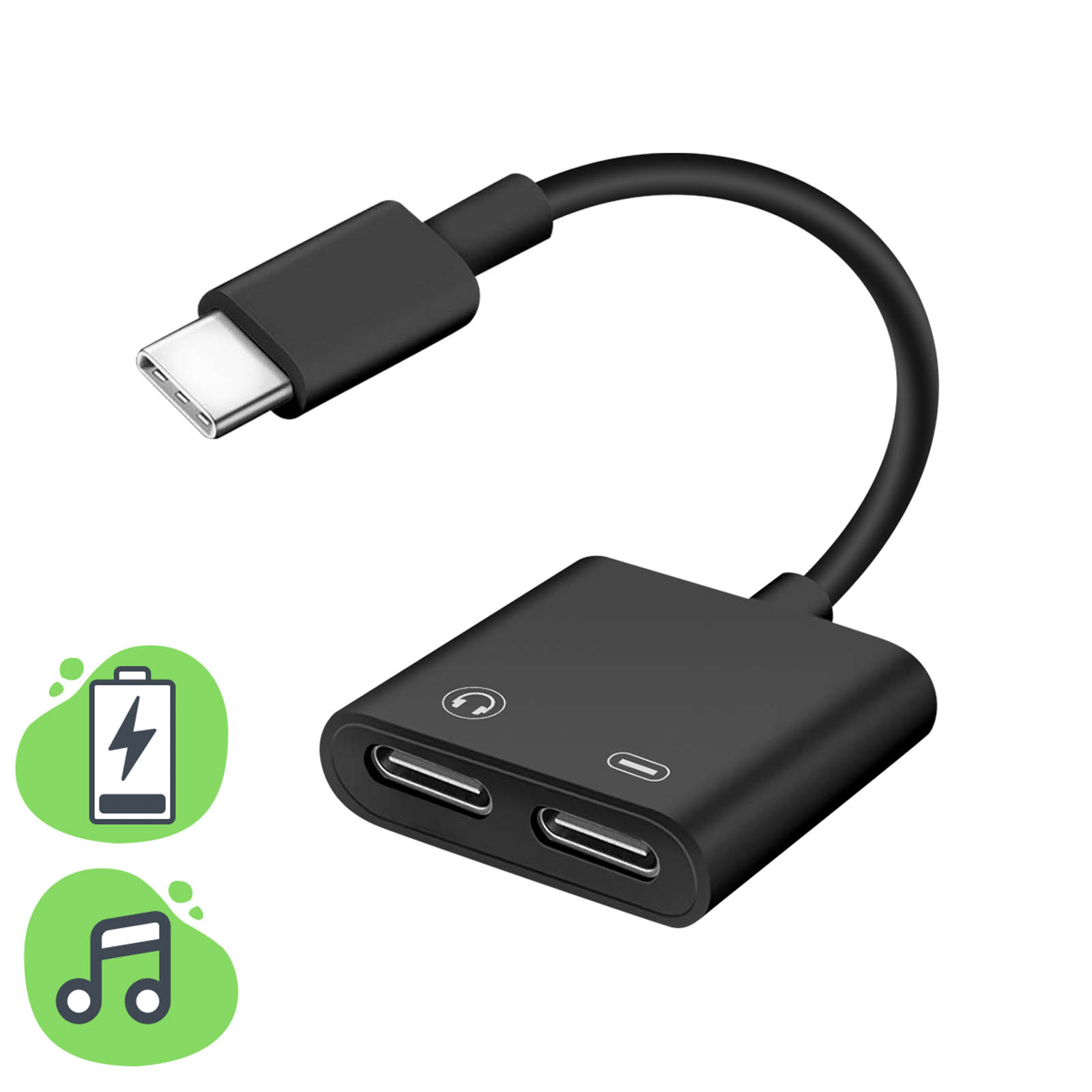 Adaptateur USB-C Mâle vers Double USB-C Femelle, Audio + Charge
