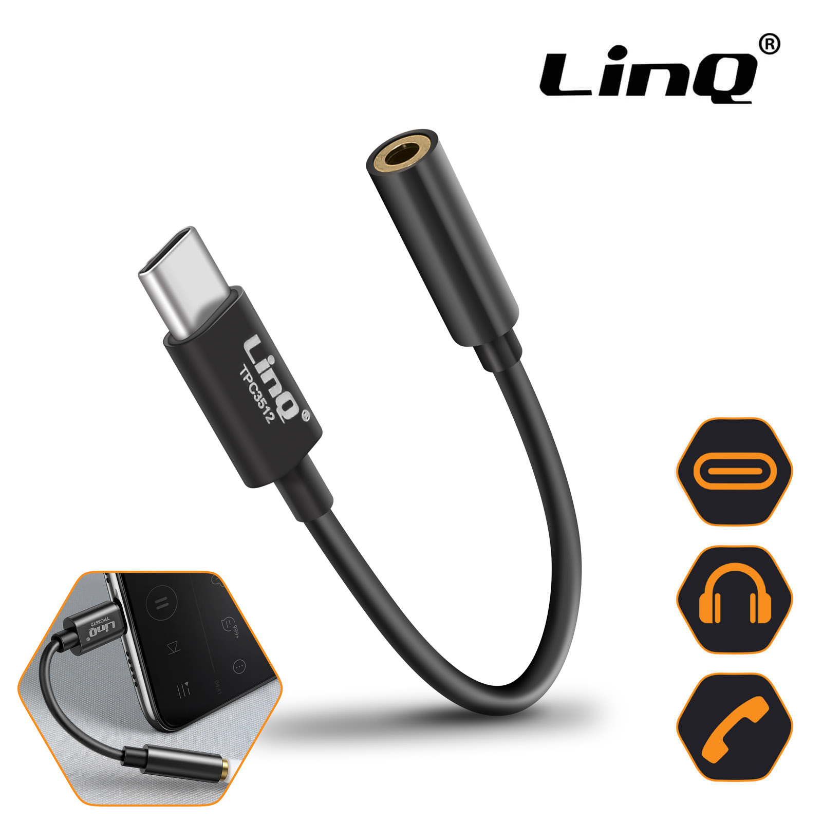 Adattatore audio USB Tipo C verso Jack 3.5mm Femmina LinQ - Nero