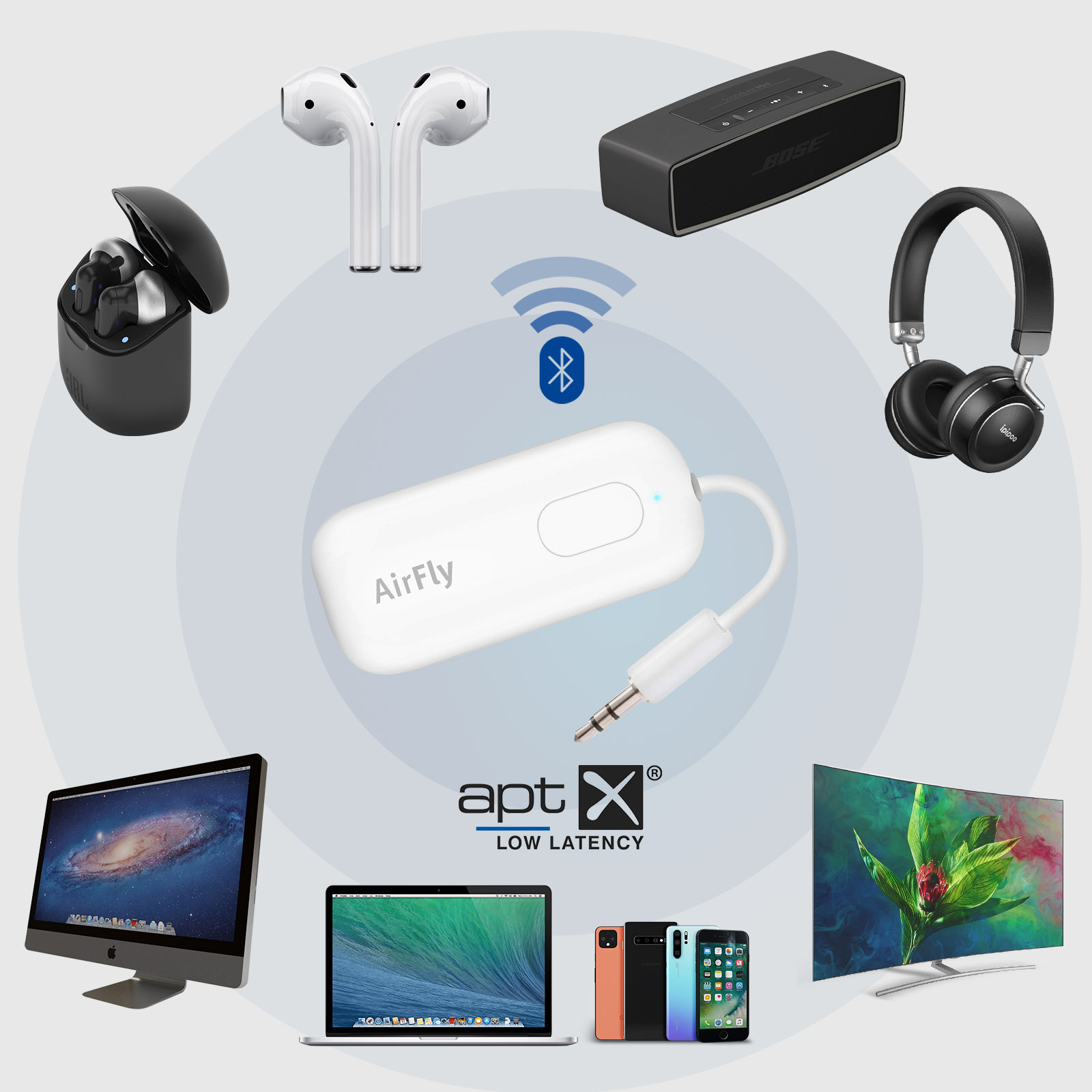 SafeFly Dual Premium Bluetooth 5.3 Transmisor Bluetooth Adaptador Bluetooth  con pantalla para AirPods o auriculares inalámbricos - Uso con cualquier