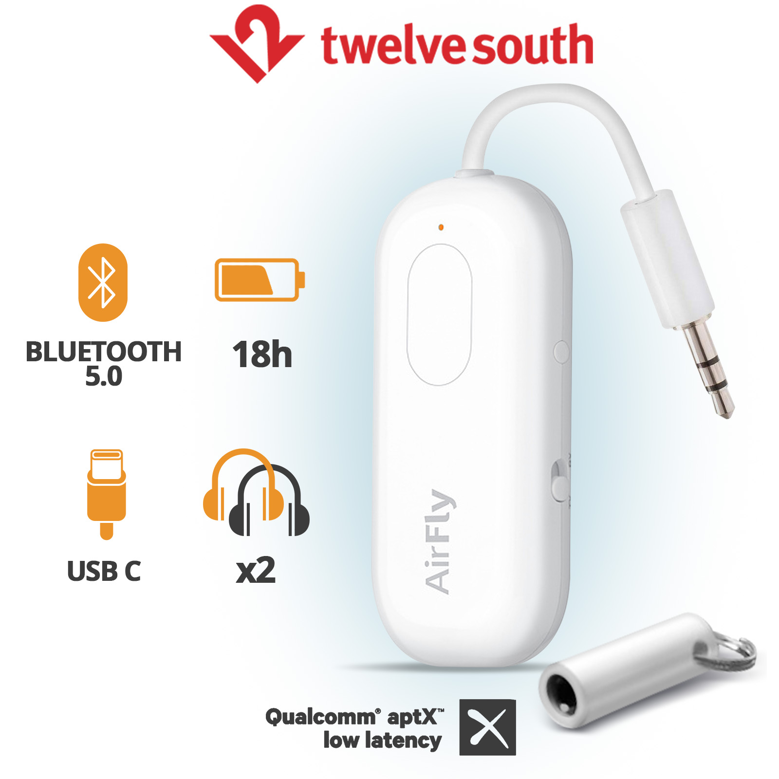 Transmetteur Audio Bluetooth AirFly SE, Émetteur et Récepteur Autonomie  20h, Twelve South - Blanc - Français