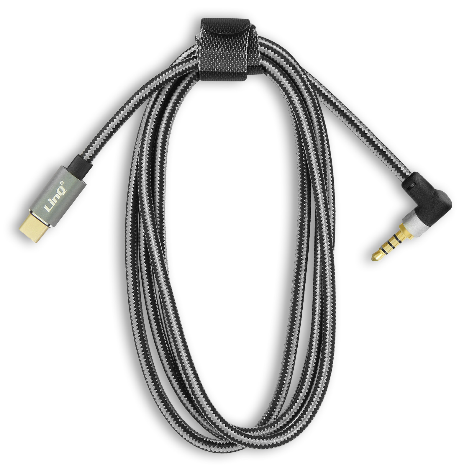 Câble Audio USB-C vers Jack 3.5mm 4 Broches Mâle, Connecteur Coudé Nylon  Tressé 1.5m, LinQ - Noir - Français