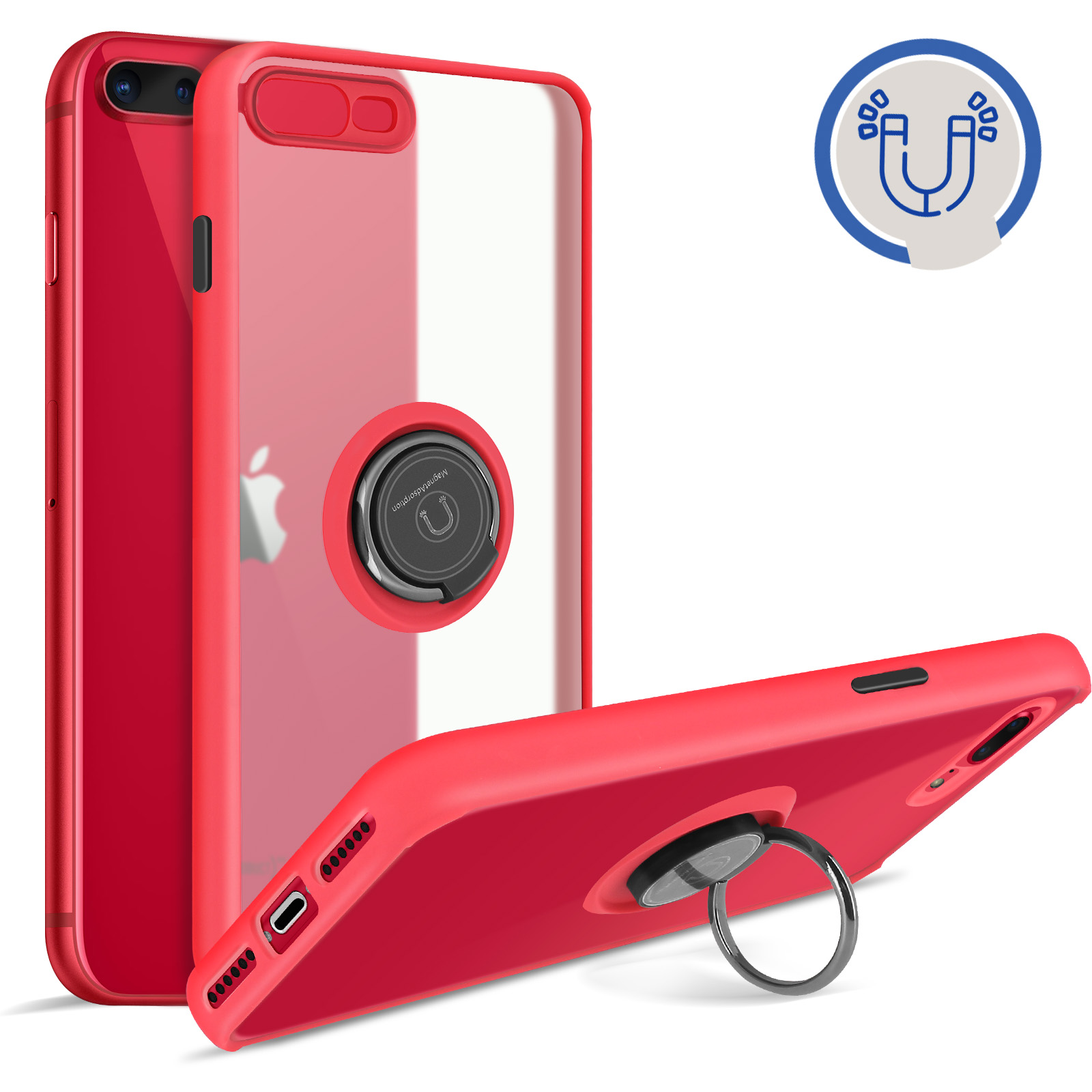 Coque iPhone 7 Plus et 8 Plus Antichoc avec Anneau de Maintien et Dos Rigide effet fume Rouge Francais