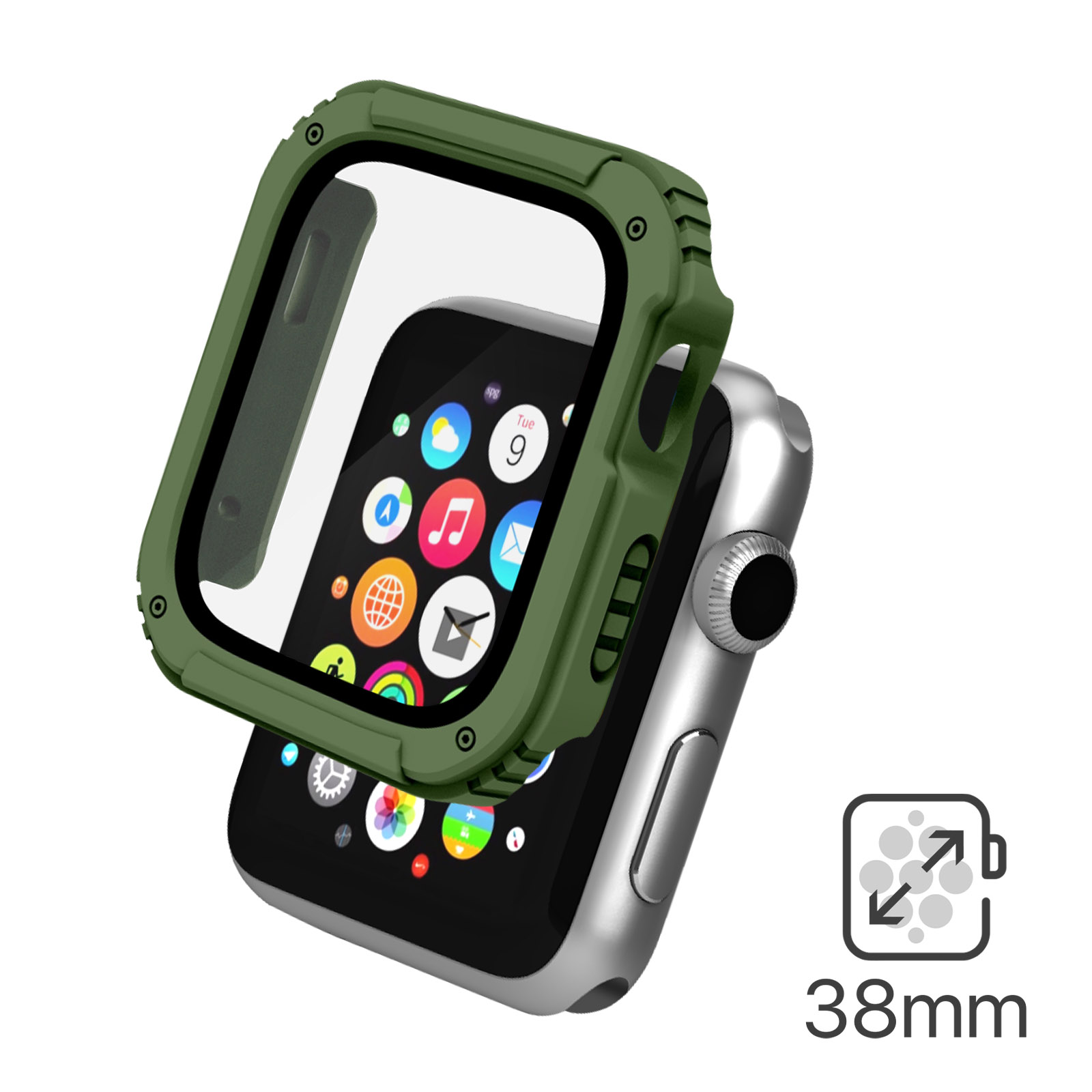 Apple Watch Series 3 2 1 38mm Rundumhulle aus Polycarbonat Bildschirmfolie aus 9H Glas Grau German