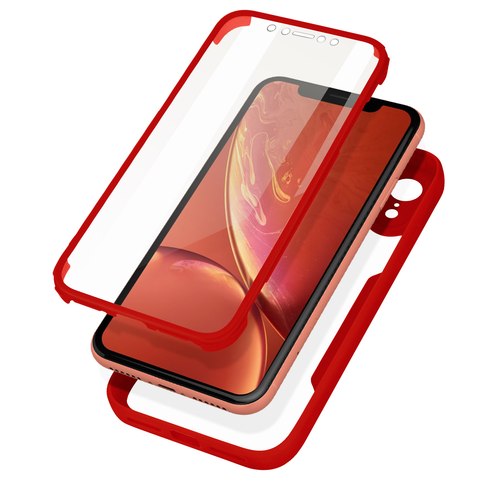 Coque intégrale 360° iPhone XR Antichoc, Dos rigide Transparent et contour  Silicone - Rouge - Français