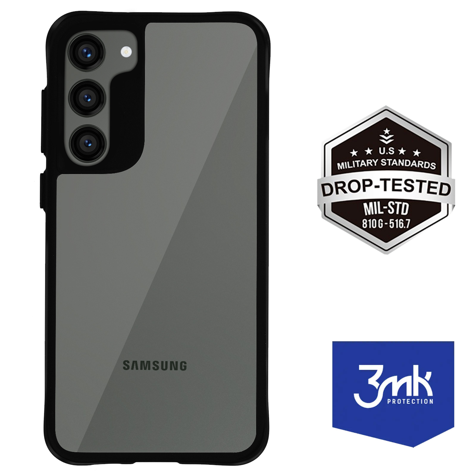 Coque Antichoc Samsung Galaxy S23 Plus Norme militaire, 3mk Satin Armor  Case - Dos Transparent Contour Noir - Français