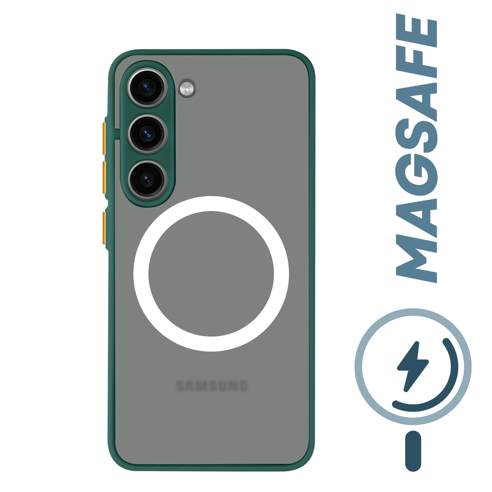 Samsung Galaxy S23 Plus MagSafe Hülle mit gefrosteter Rückseite und gelben  Tasten, Rand Dunkelgrün - German