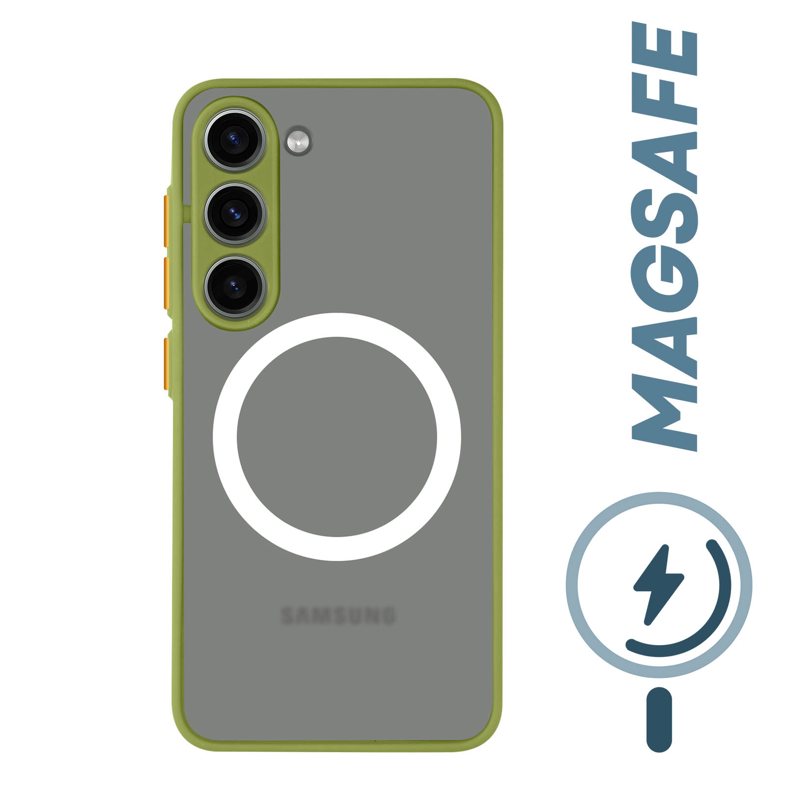 Samsung Galaxy S23 Plus MagSafe Hülle mit gefrosteter Rückseite und gelben  Tasten, Rand Dunkelgrün - German