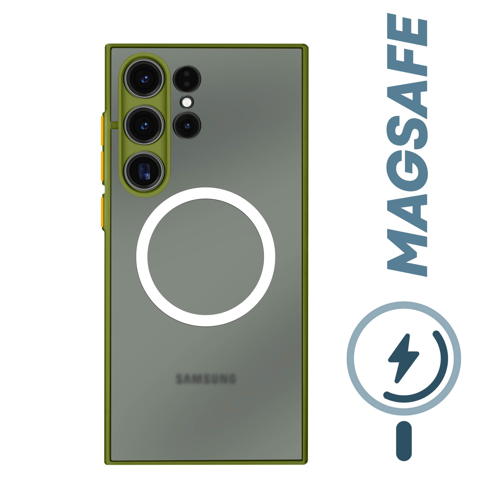 Samsung Galaxy S23 Ultra MagSafe Hülle mit gefrosteter Rückseite und gelben  Tasten, Rand Khakigrün - German