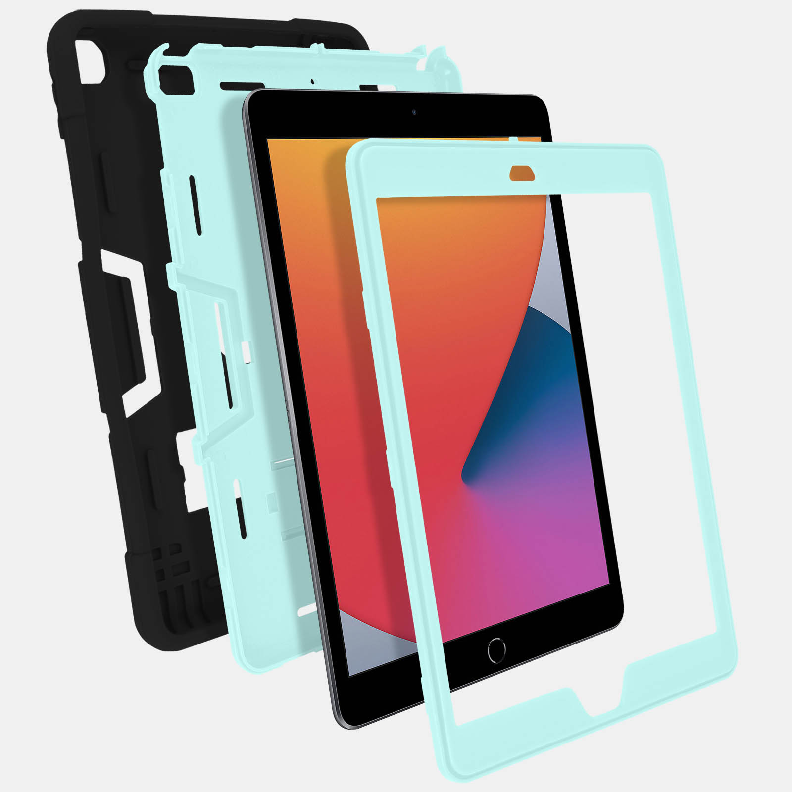 Coque iPad 9 2021, iPad 8 2020 et iPad 7 2019 Silicone Antichoc à Béquille,  Spécial Enfant - Noir / Turquoise - Français