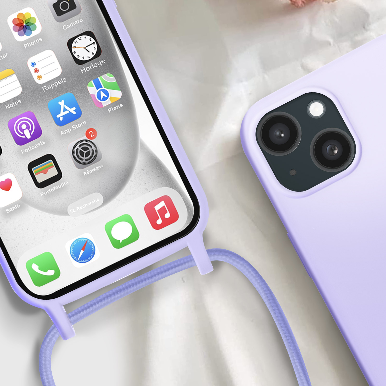 Coque Cordon iPhone 15 Semi-Rigide, série Corda - Violet - Français
