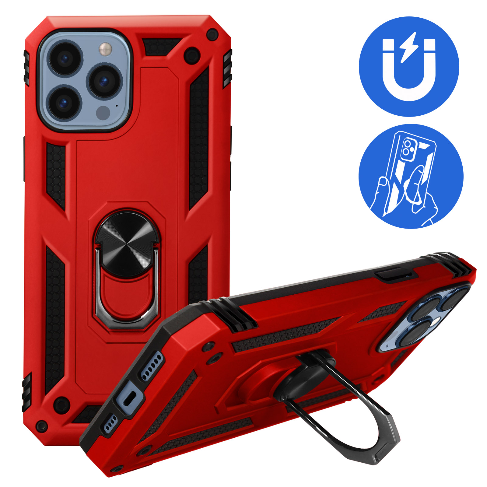 Avizar Funda Antigolpes 2 Materiales con Anillo Soporte de Vídeo Rojo para iPhone  13 Pro, PcCompone