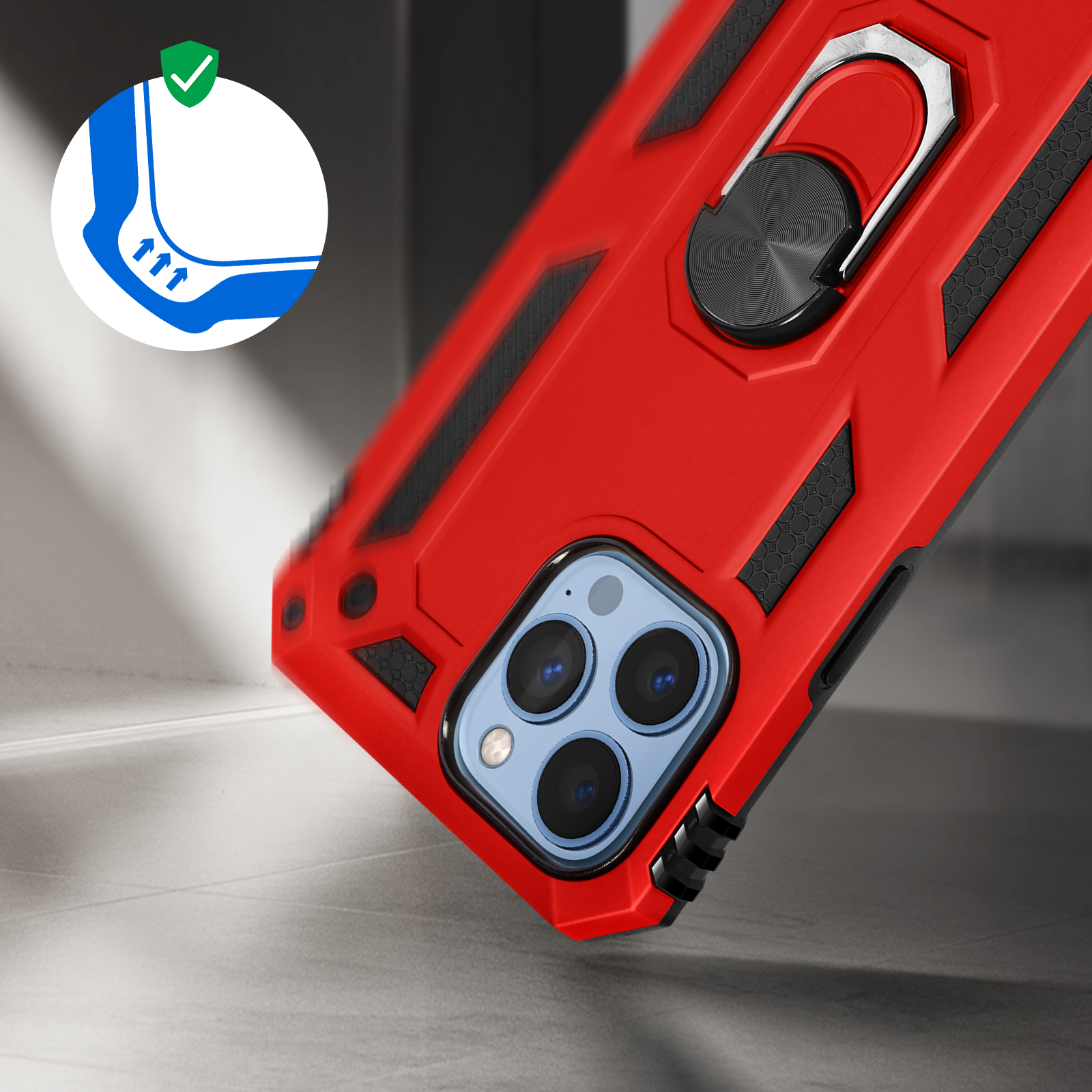 Avizar Funda Antigolpes 2 Materiales con Anillo Soporte de Vídeo Rojo para iPhone  13 Pro, PcCompone