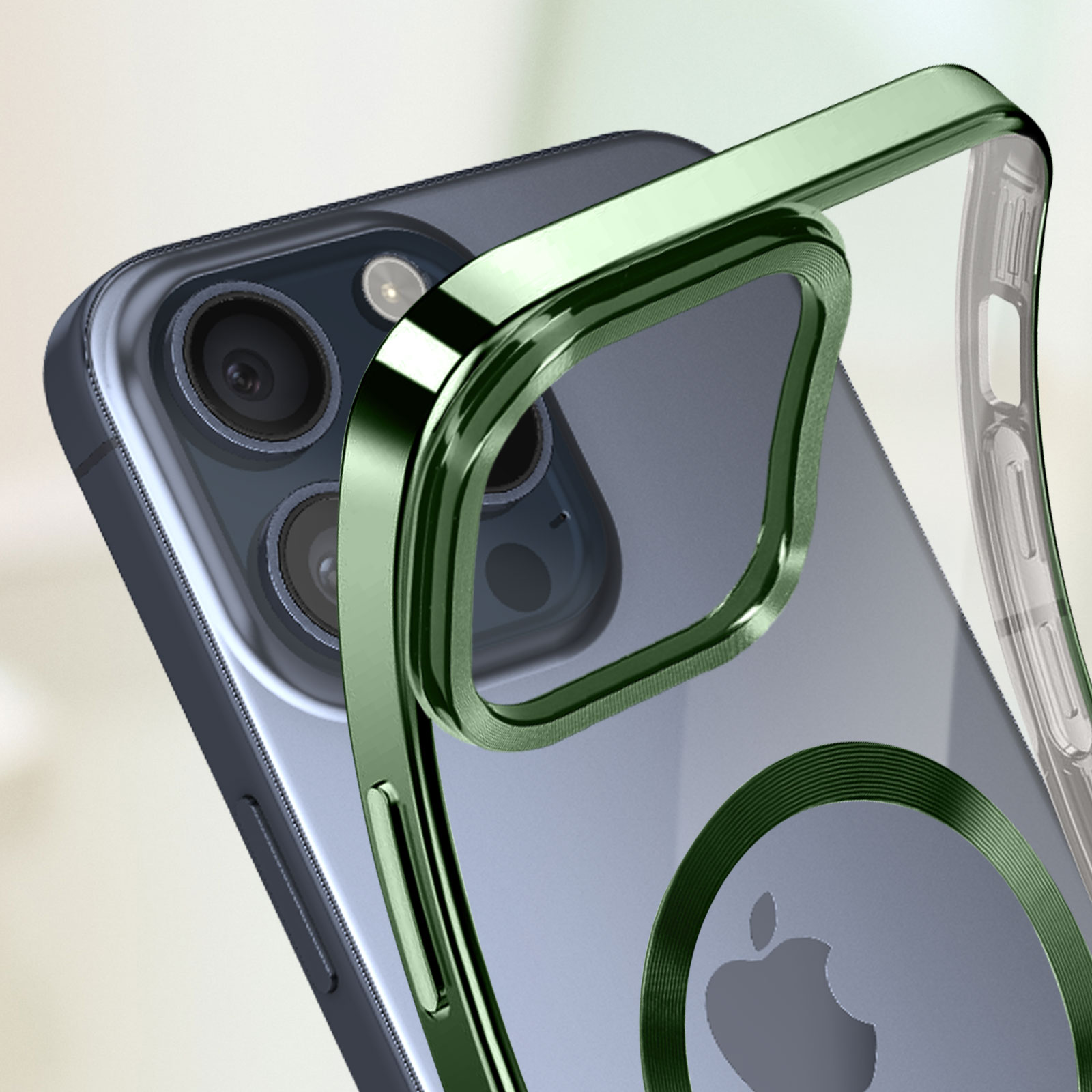 MagSafe Schutzhülle für Apple iPhone 15 Pro Transparent mit dunkelgrüner  Chromumrandung - German