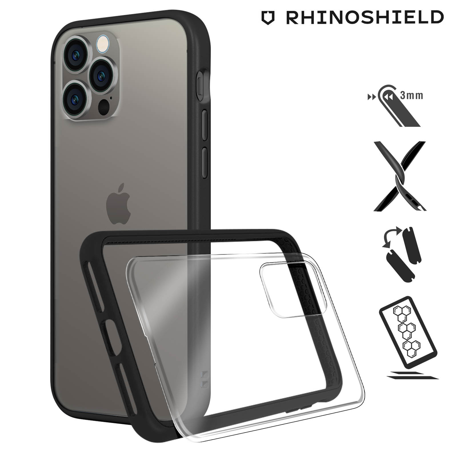 Coque Rhinoshield iPhone 13 Pro Max, Antichoc Bumper, Mod NX - Noir -  Français