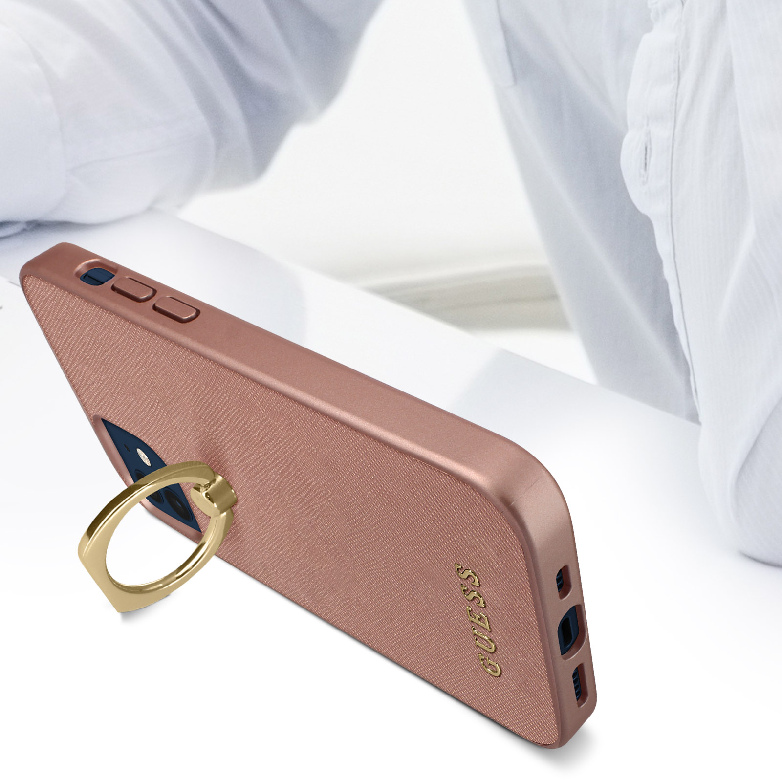 Coque Guess iPhone 12 et 12 Pro avec anneau de support et porte clef - Rose  Gold - Français