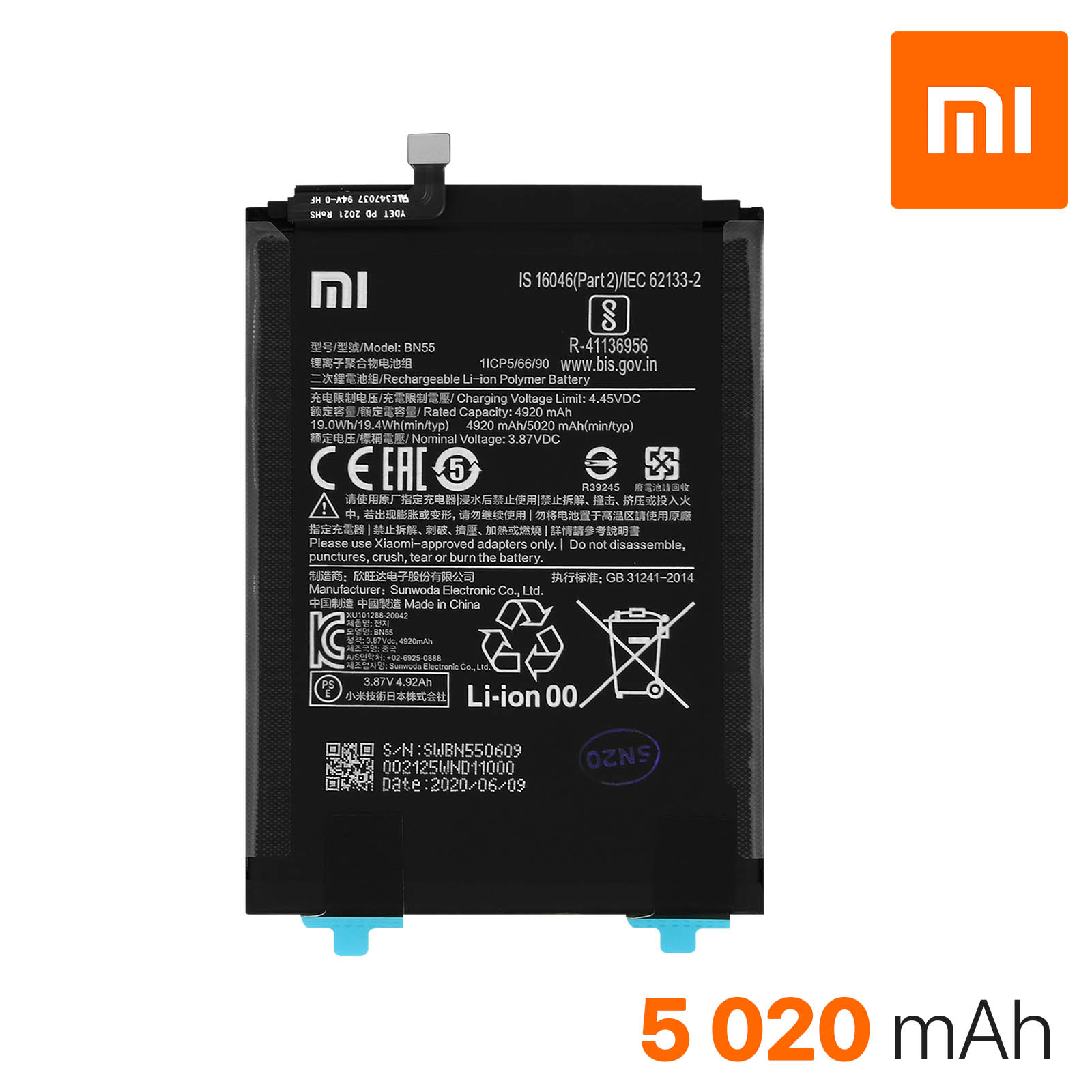 Batterie compatible avec Xiaomi Redmi Note 9S MI BN55 5020 mAh haute capacité avec kit de démontage inclus 