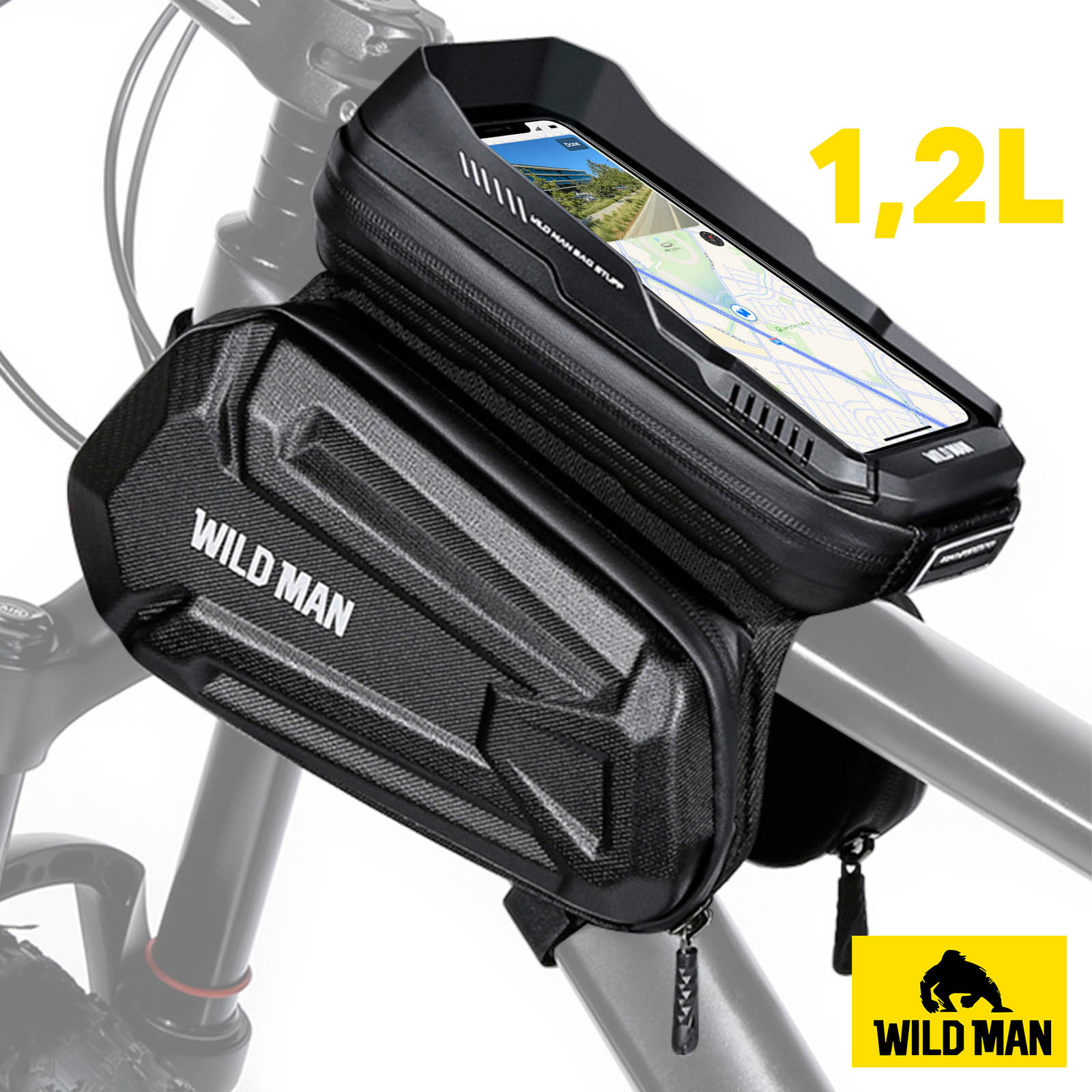 Support de téléphone vélo tactile pour guidon WILD MAN capacité 0.5L