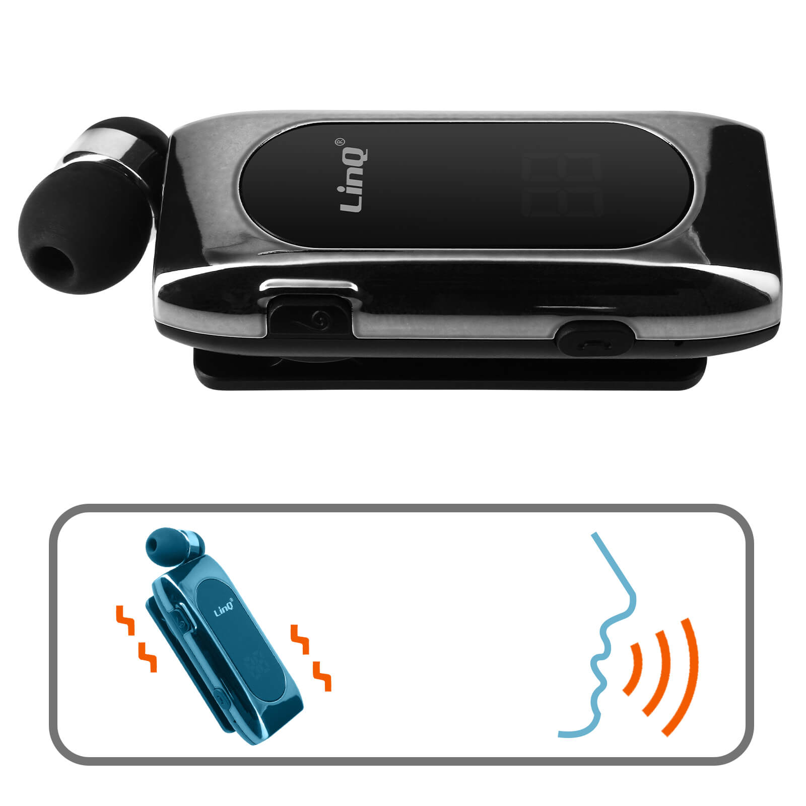 Oreillette Bluetooth Design Micro-Cravate, Autonomie 20 Heures et Connexion  Multipoint, LinQ R8388 - Argent - Français
