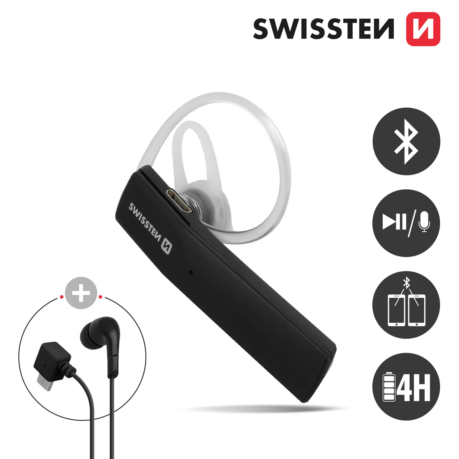 Pinganillo Bluetooth Profesional con Conexión Múltiple, Kit manos libres,  Swissten - Negro