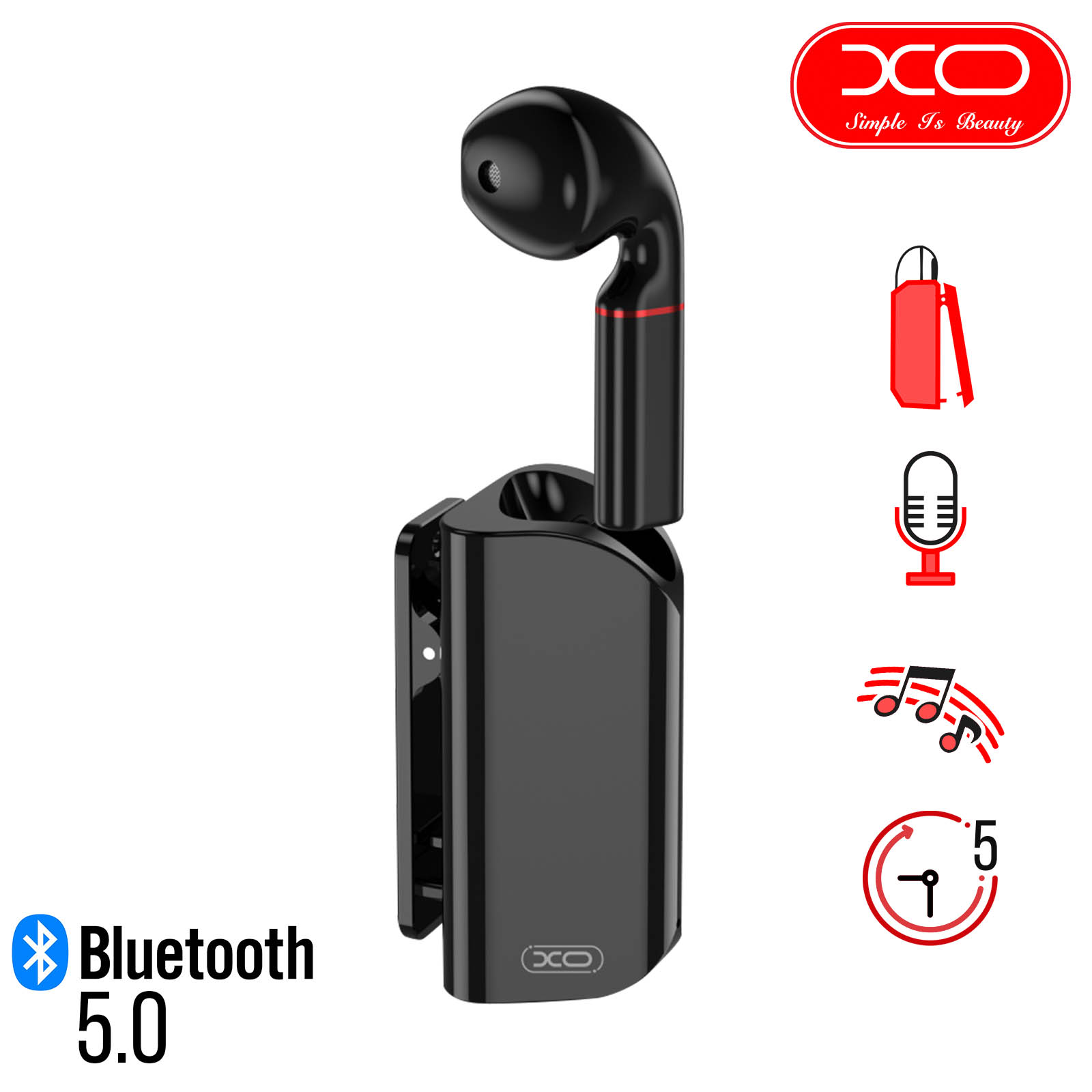 Oreillette Bluetooth XO + Boiter de charge, Design Micro-cravate Commande  Tactile - Noir