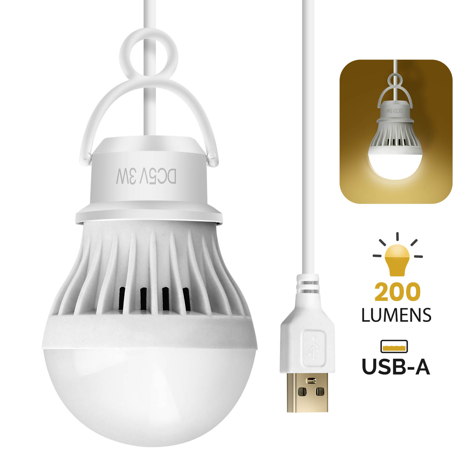 Ampoule LED USB 3W, 200 lumen avec Longueur 1m - Français