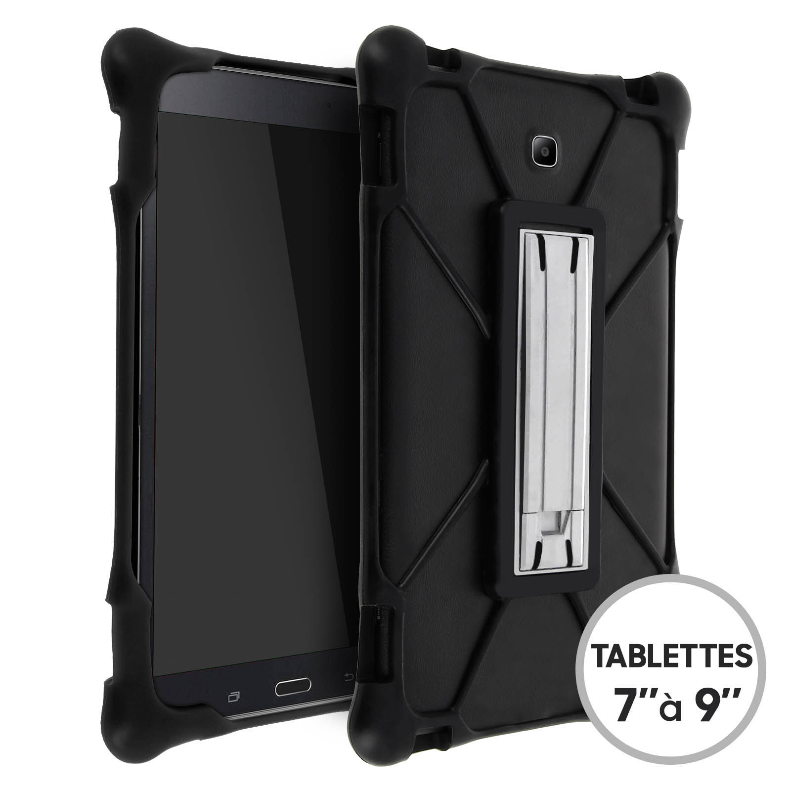 Coque Bumper silicone antichoc + support pour tablettes 7 à 9 pouces - Noir  - Français